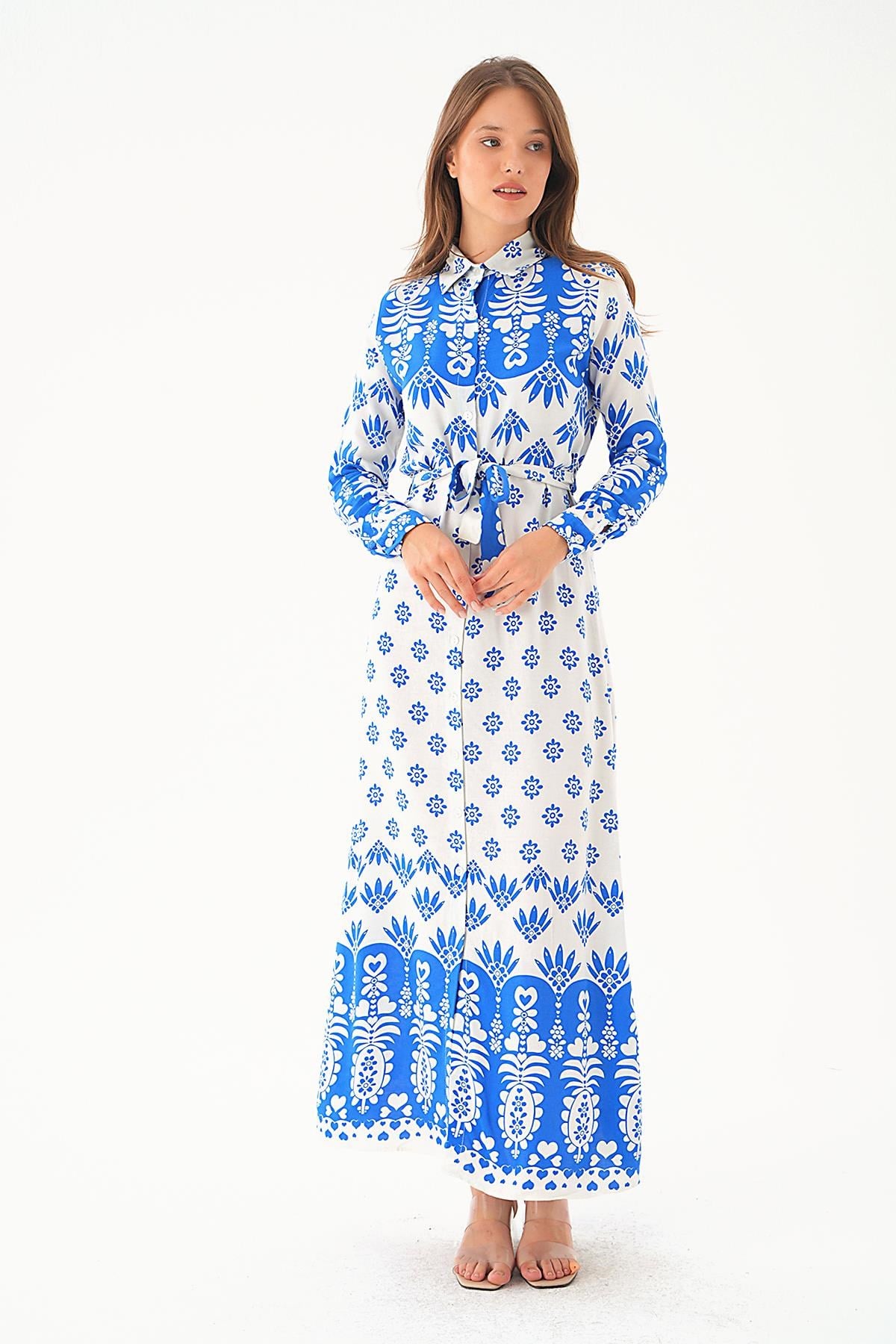 Saks Bel Bağlama Detay Desenli Elbise 2683