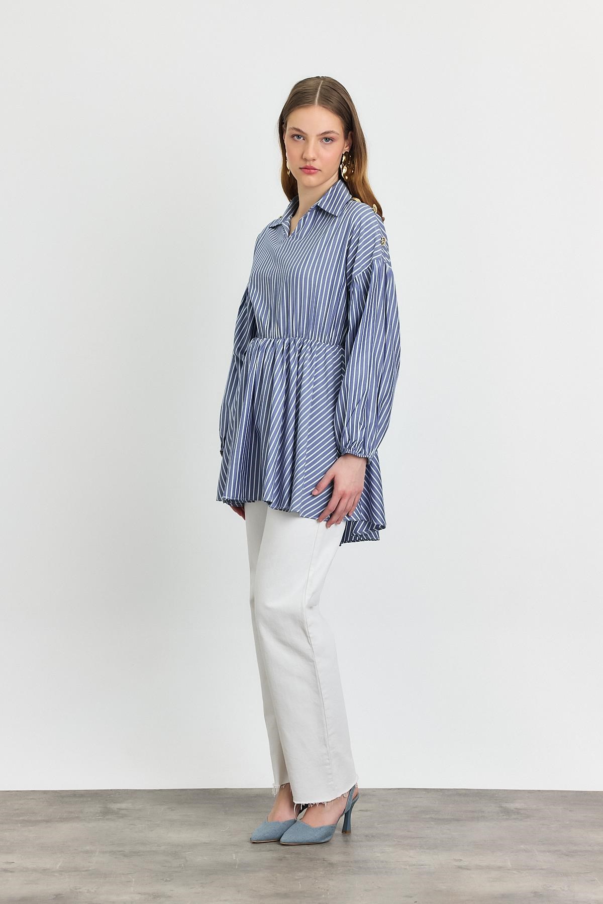 Saks Çizgili Bel Büzgülü Tunik 4291A