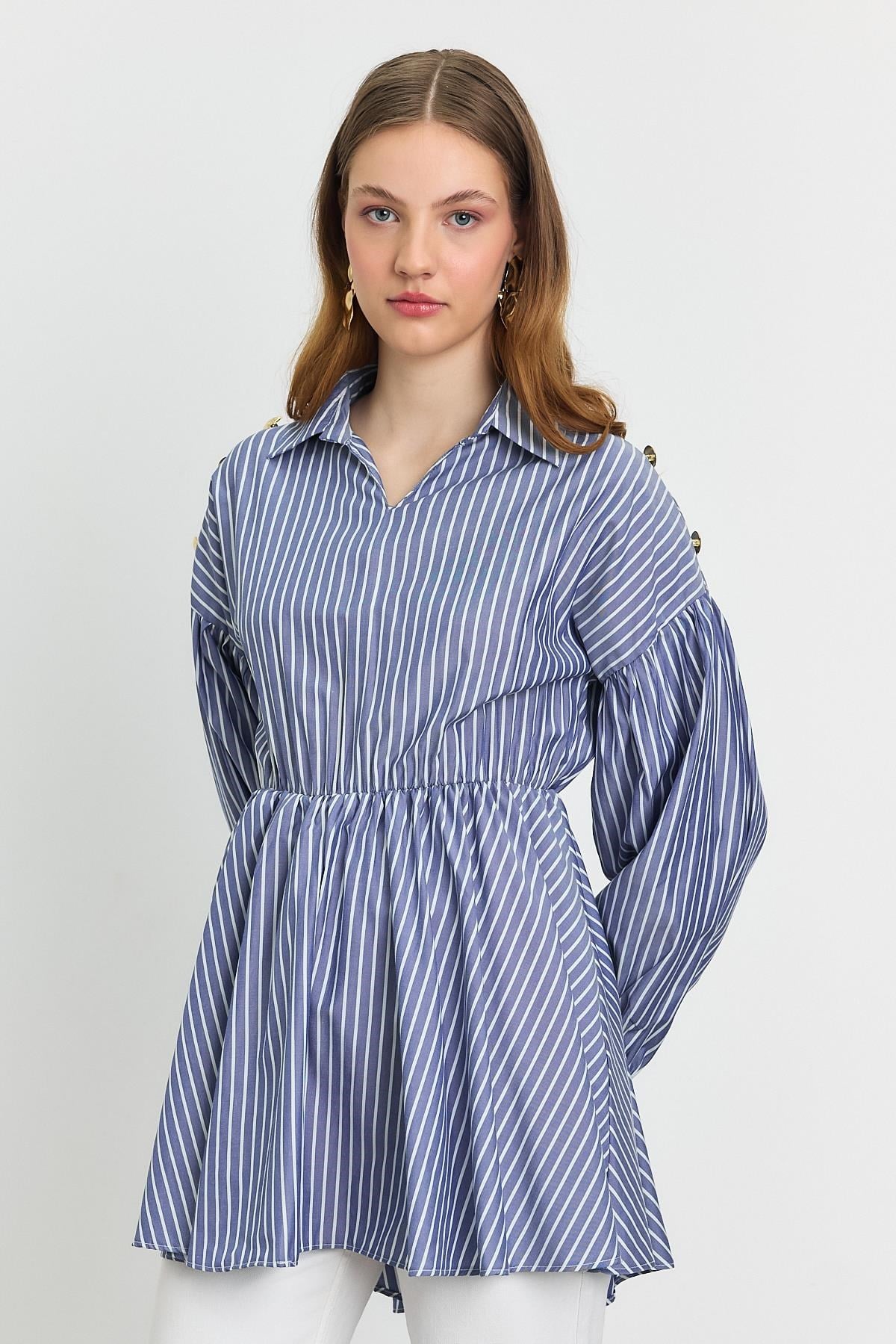 Saks Çizgili Bel Büzgülü Tunik 4291A
