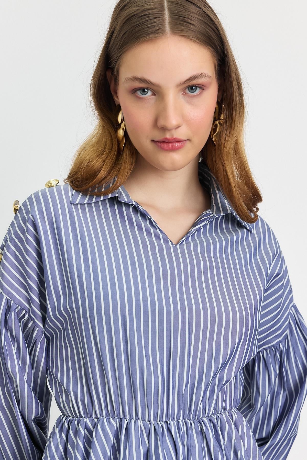 Saks Çizgili Bel Büzgülü Tunik 4291A