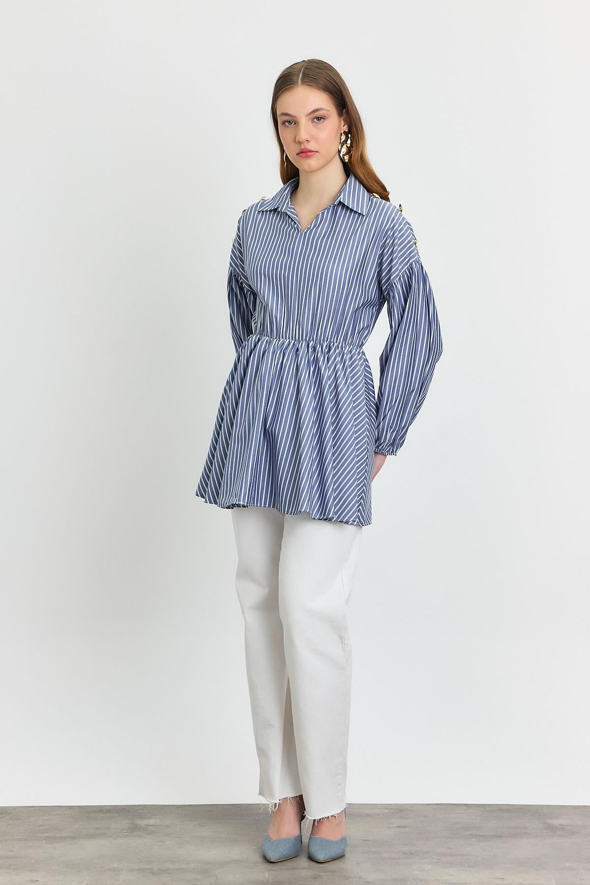 Saks Çizgili Bel Büzgülü Tunik 4291A