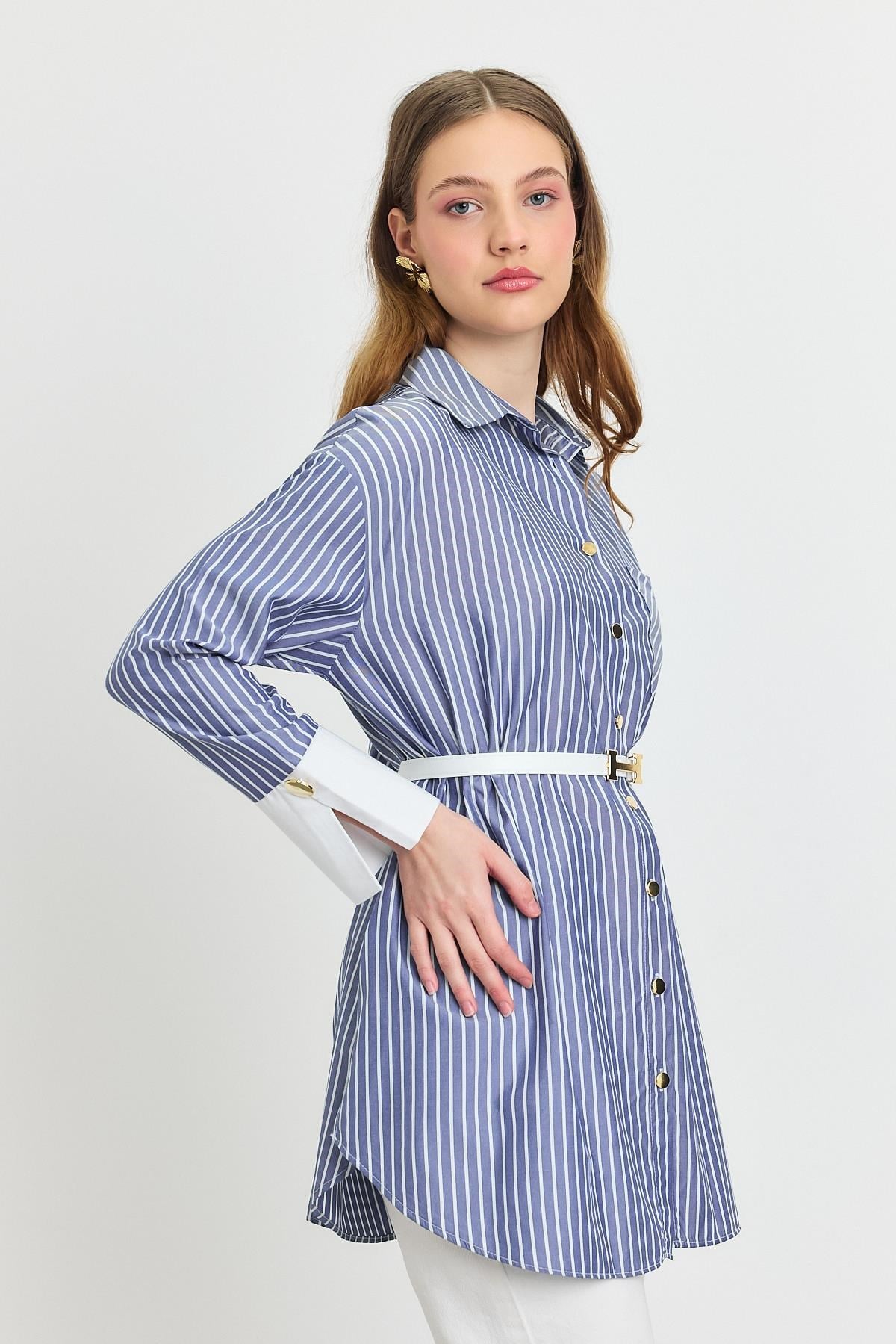 Saks Çizgili Kemerli Tunik 4298A