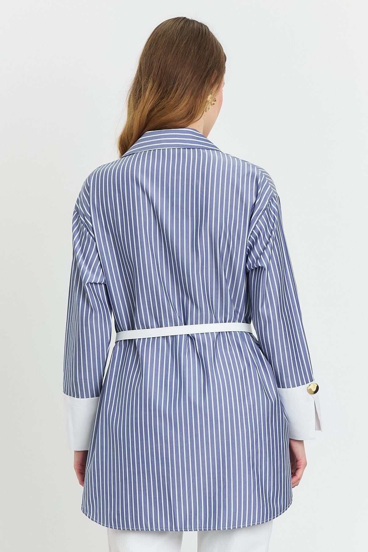 Saks Çizgili Kemerli Tunik 4298A