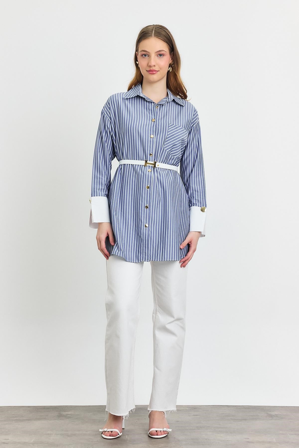 Saks Çizgili Kemerli Tunik 4298A