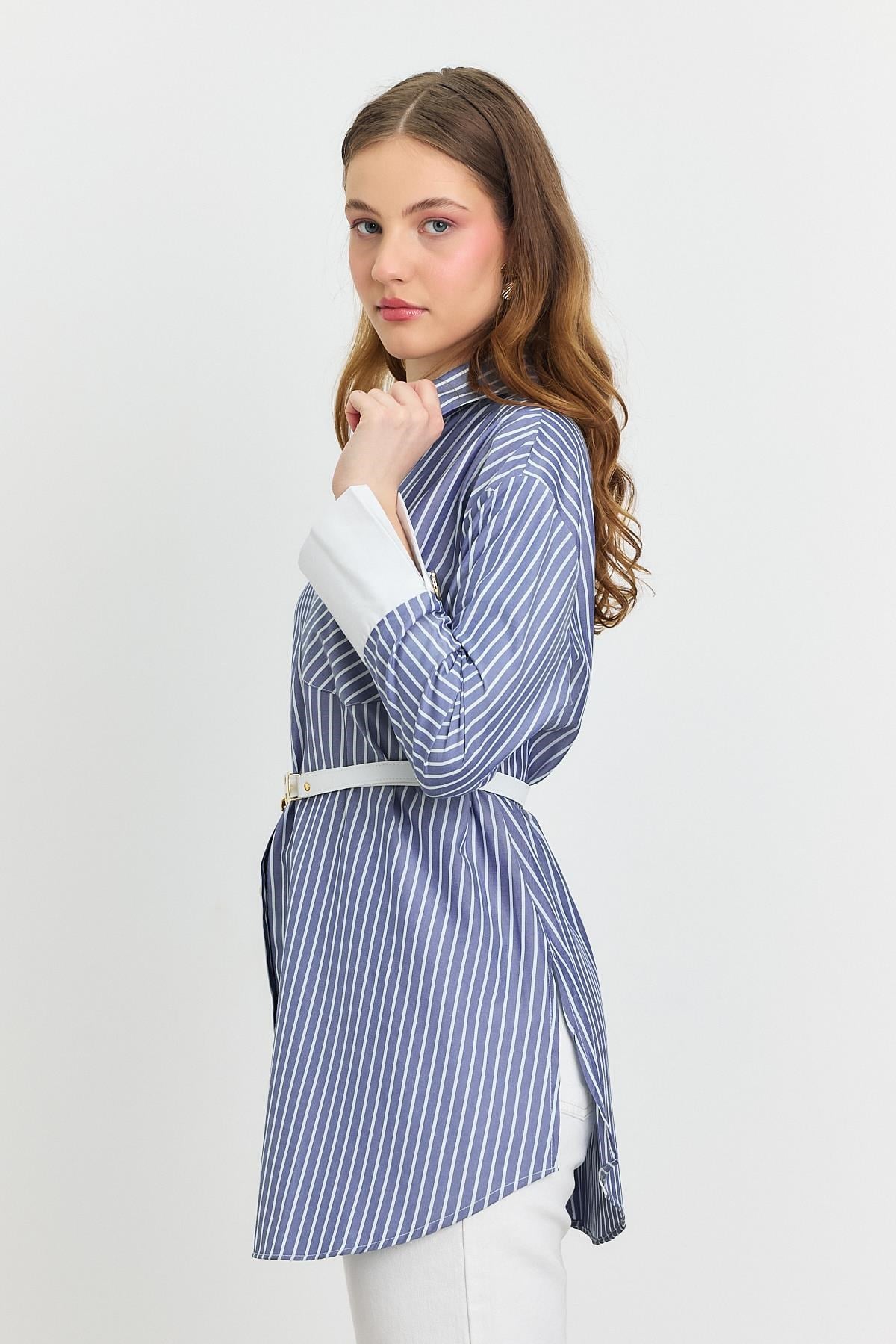 Saks Çizgili Kemerli Tunik 4298A