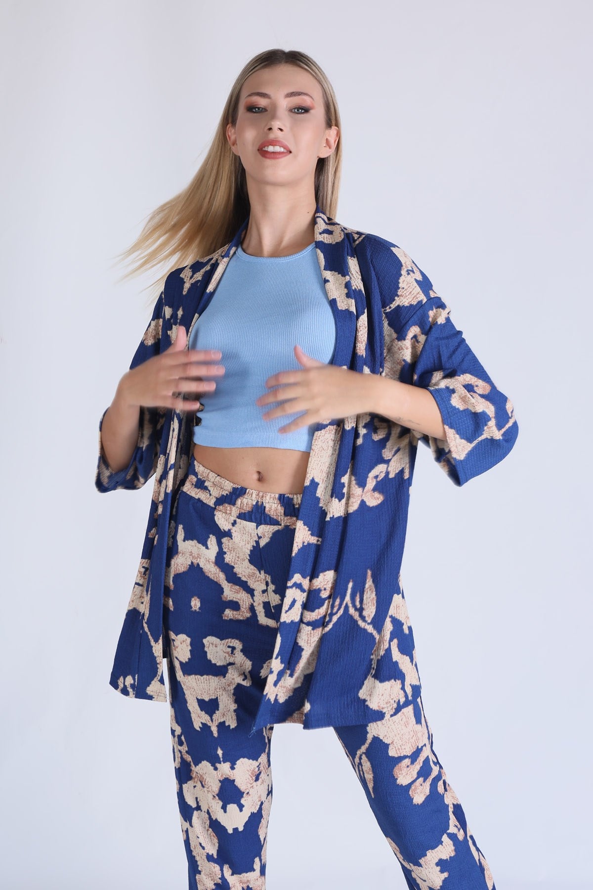 Saks Desenli Kimono Takım 6729