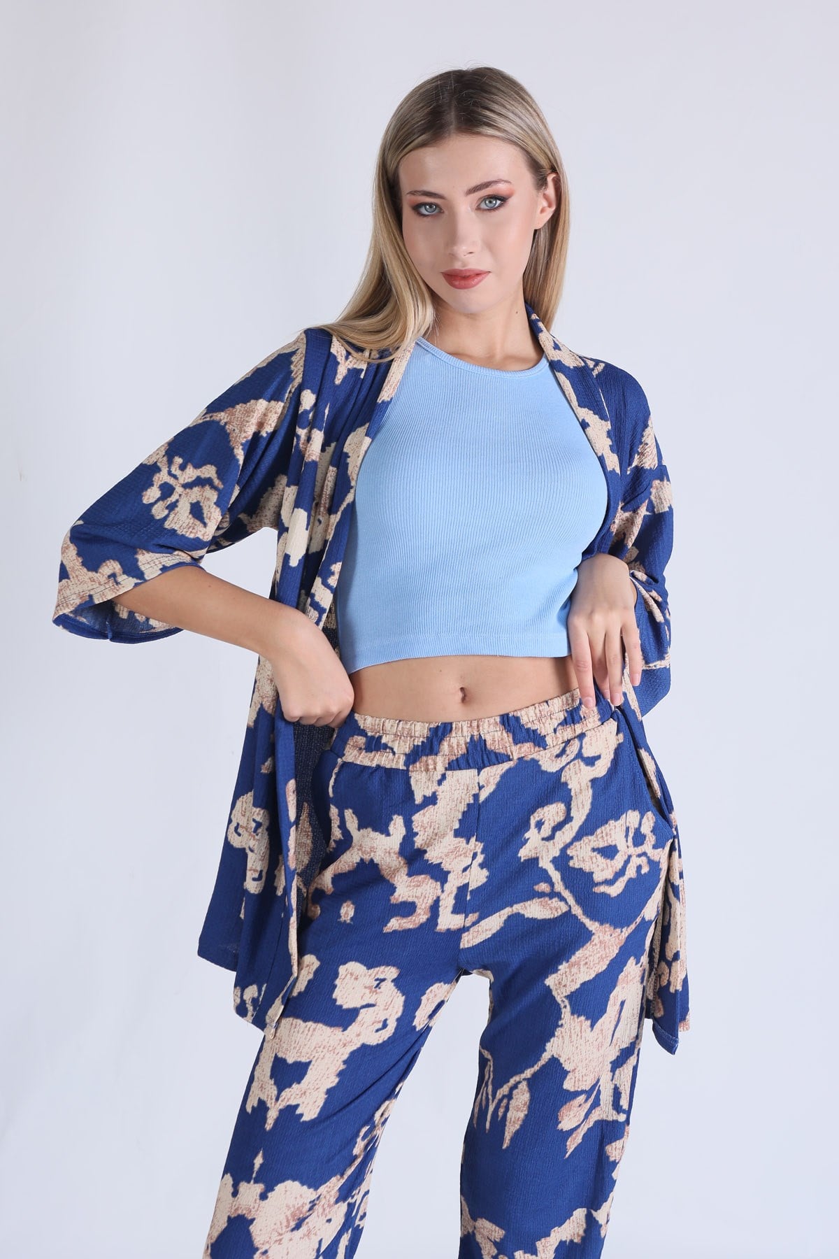 Saks Desenli Kimono Takım 6729