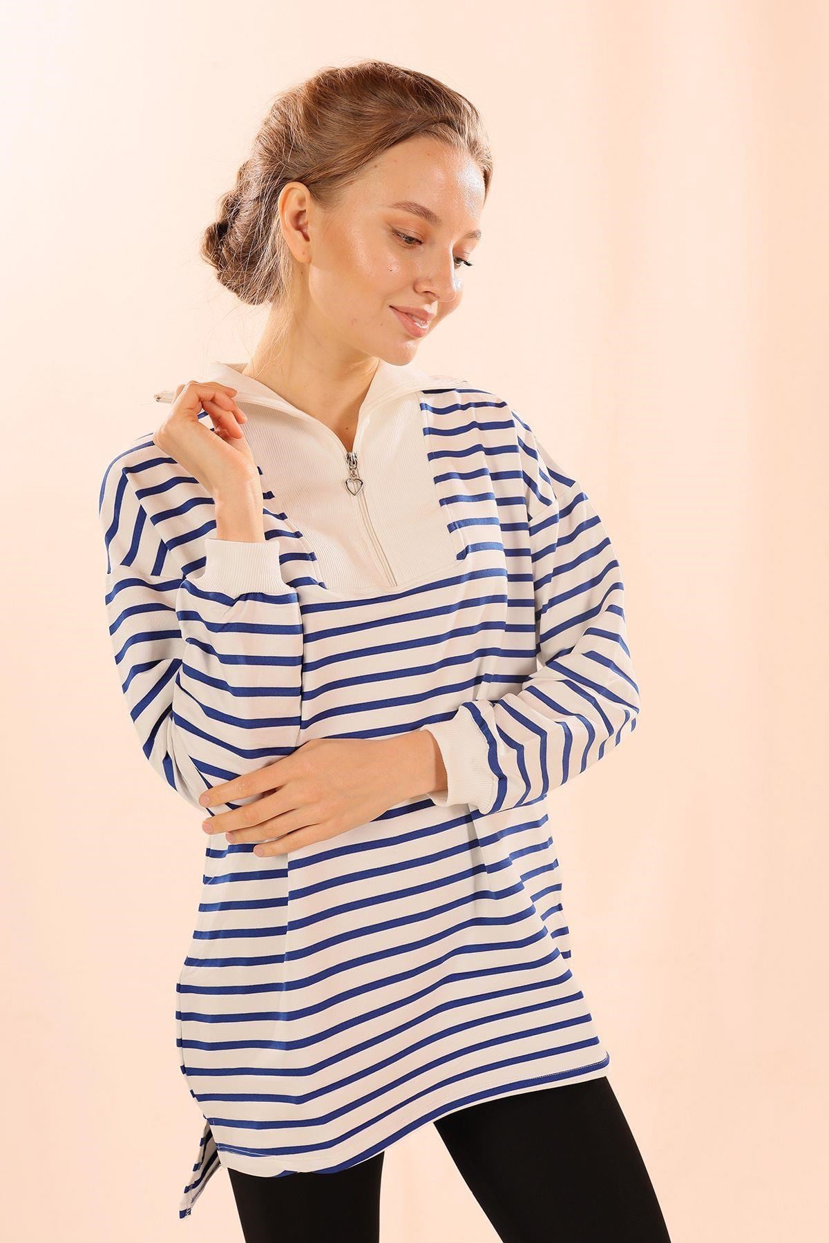 Saks Fermuarlı Çizgili Sweat 6861