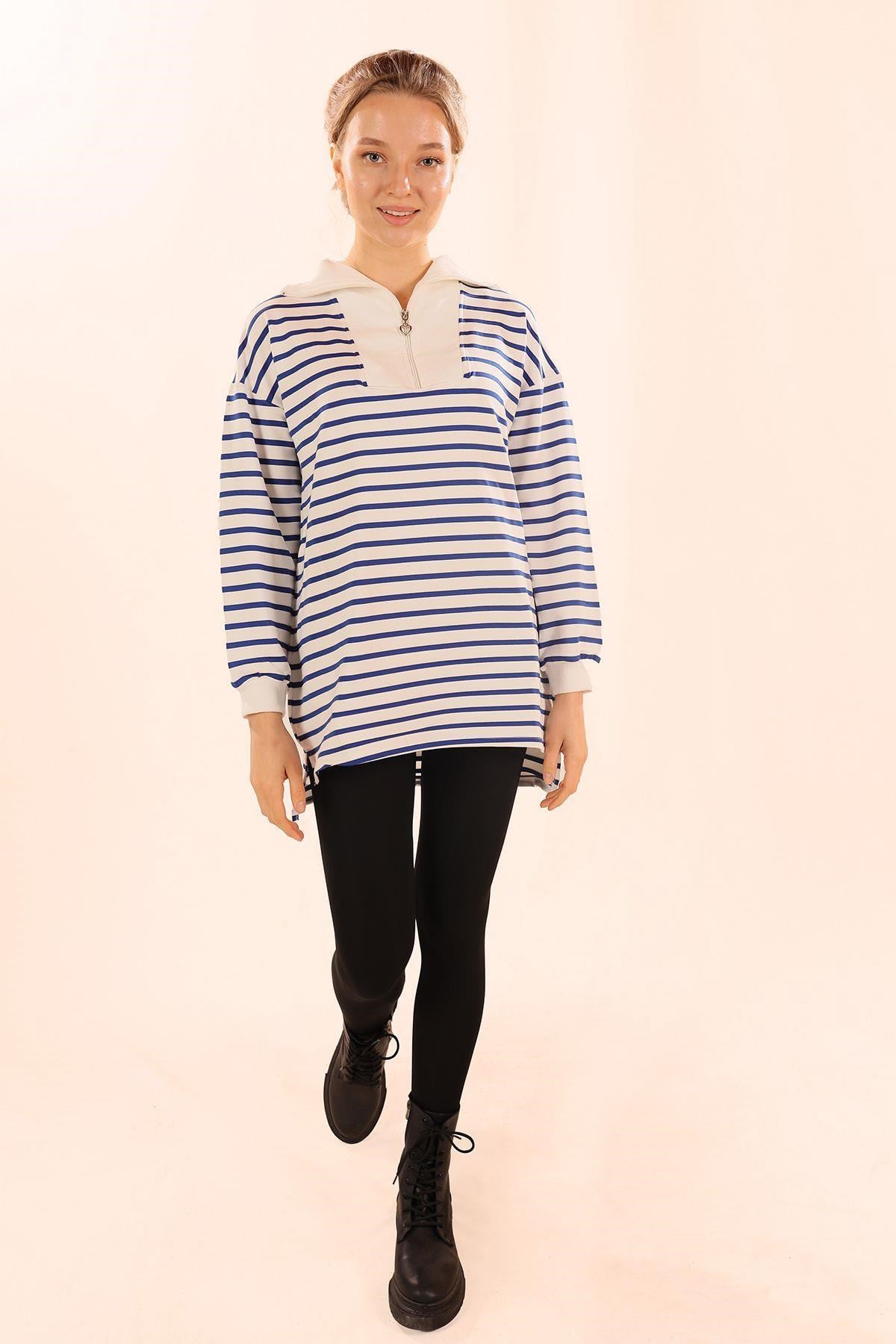 Saks Fermuarlı Çizgili Sweat 6861