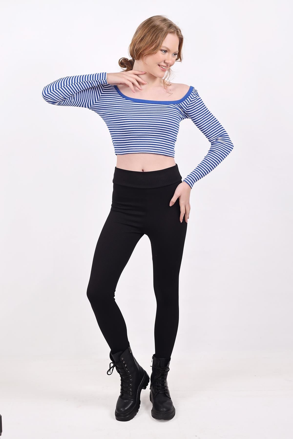 Saks Kare Yaka Çizgili Crop Bluz 9904