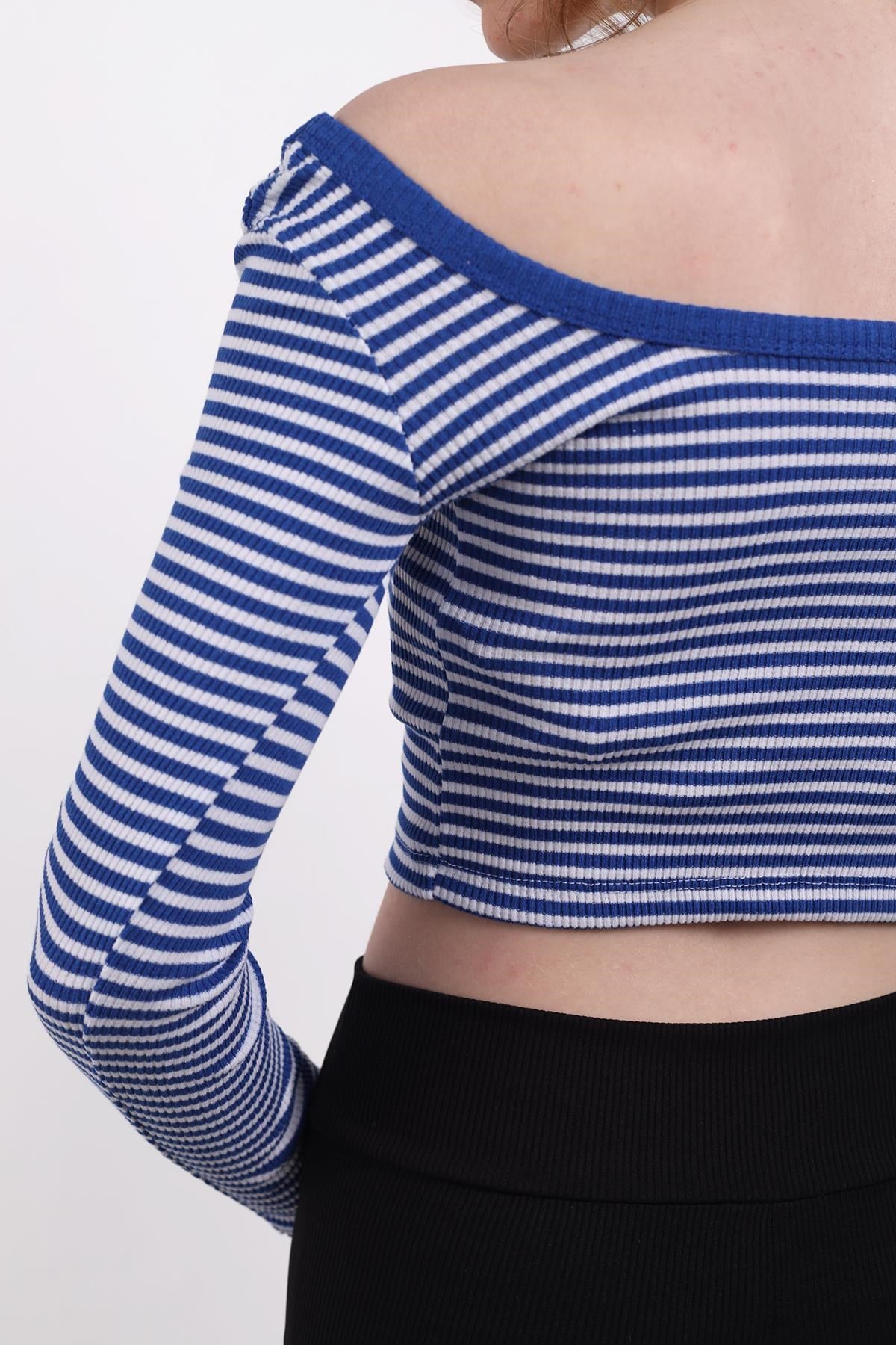 Saks Kare Yaka Çizgili Crop Bluz 9904