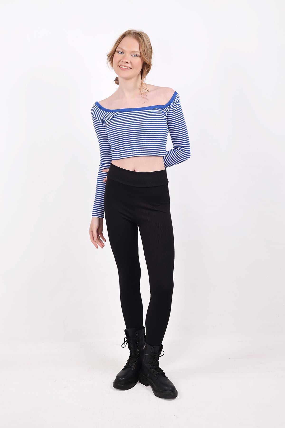 Saks Kare Yaka Çizgili Crop Bluz 9904