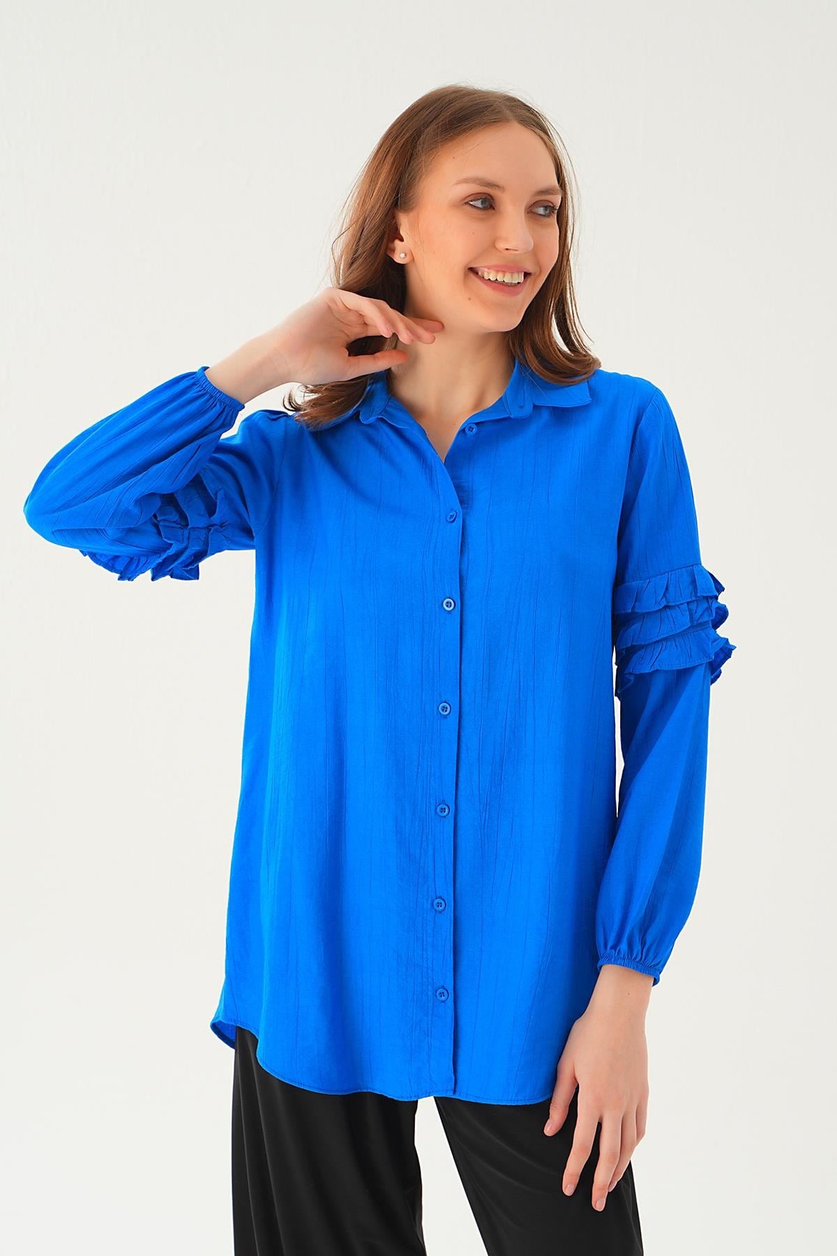 Saks Kol Fırfırlı Uzun Tunik 4136A