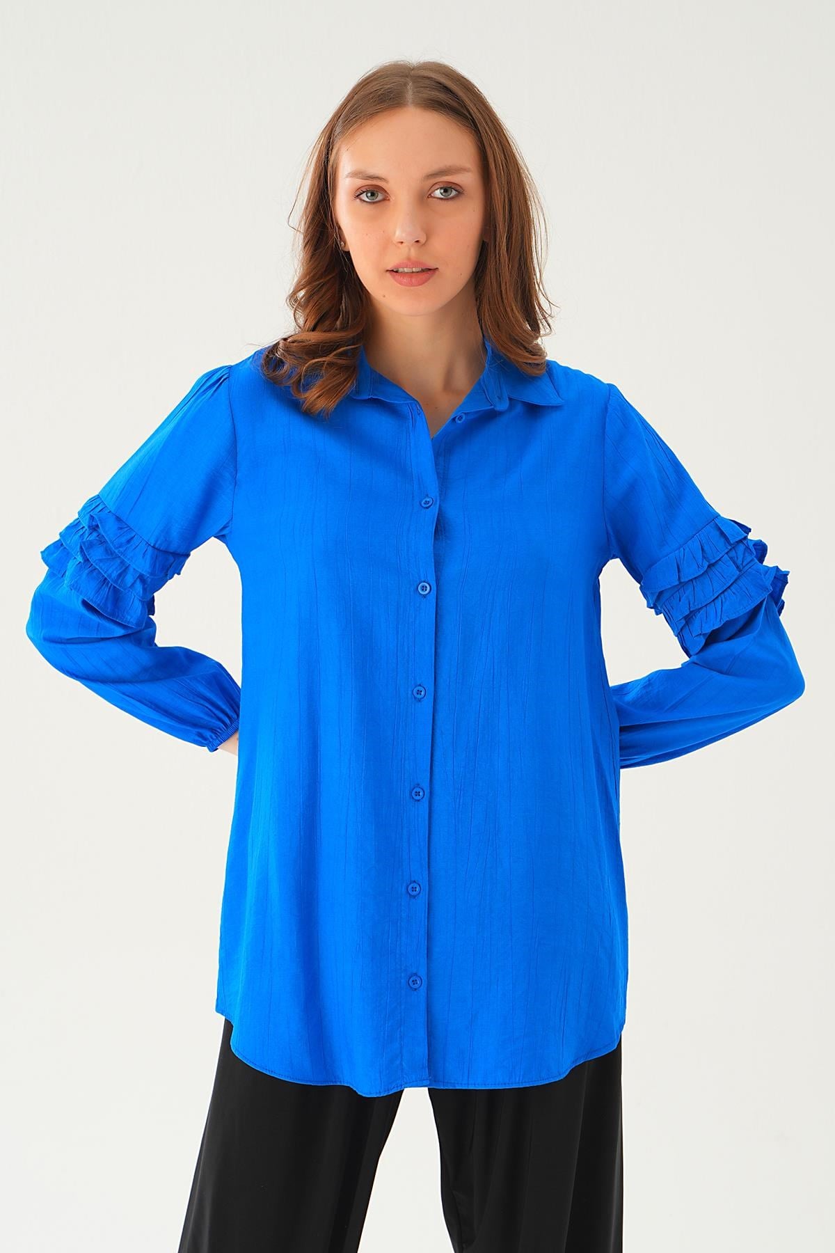 Saks Kol Fırfırlı Uzun Tunik 4136A