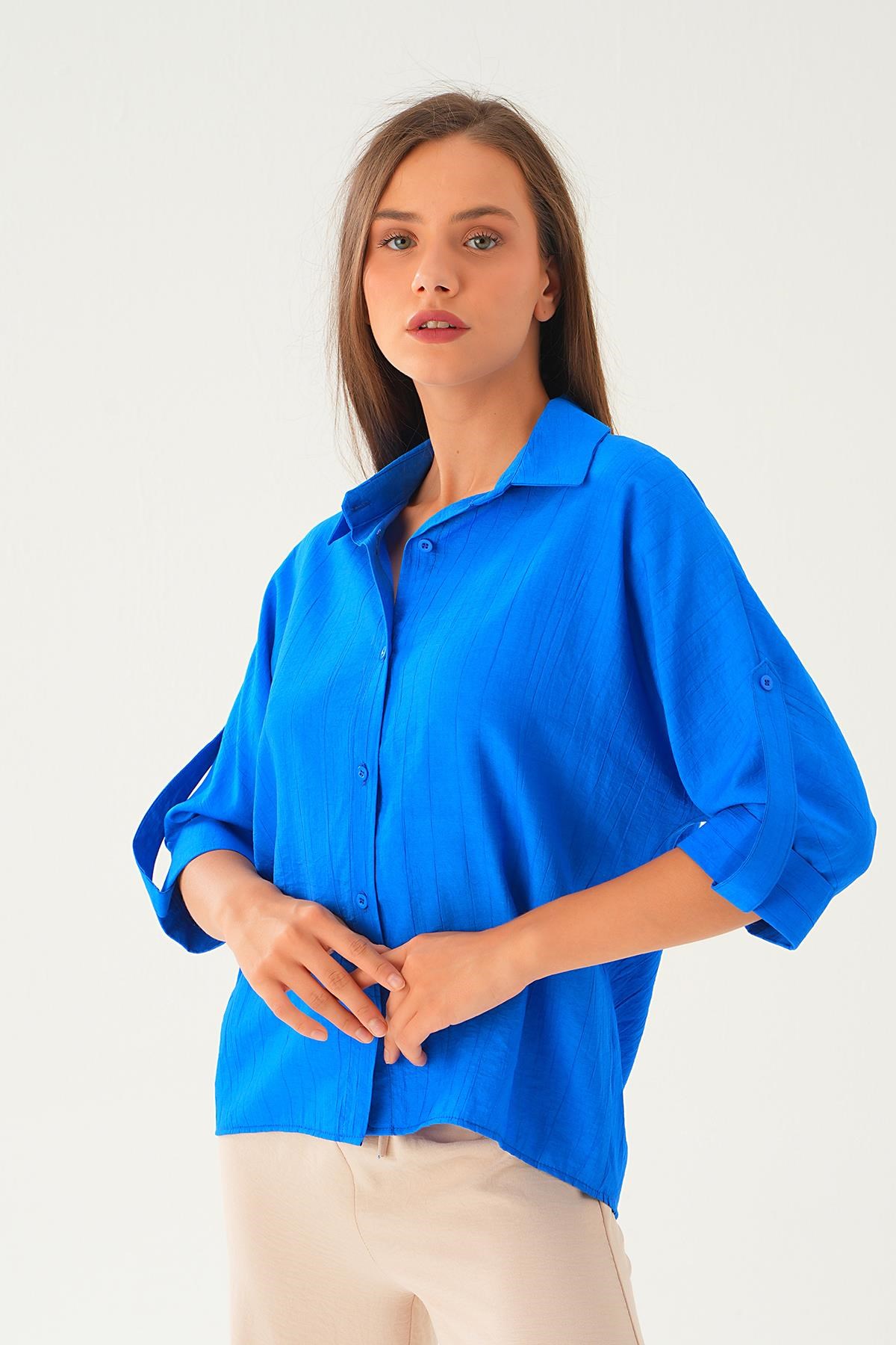 Saks Kol Katlamalı Gömlek 4157A
