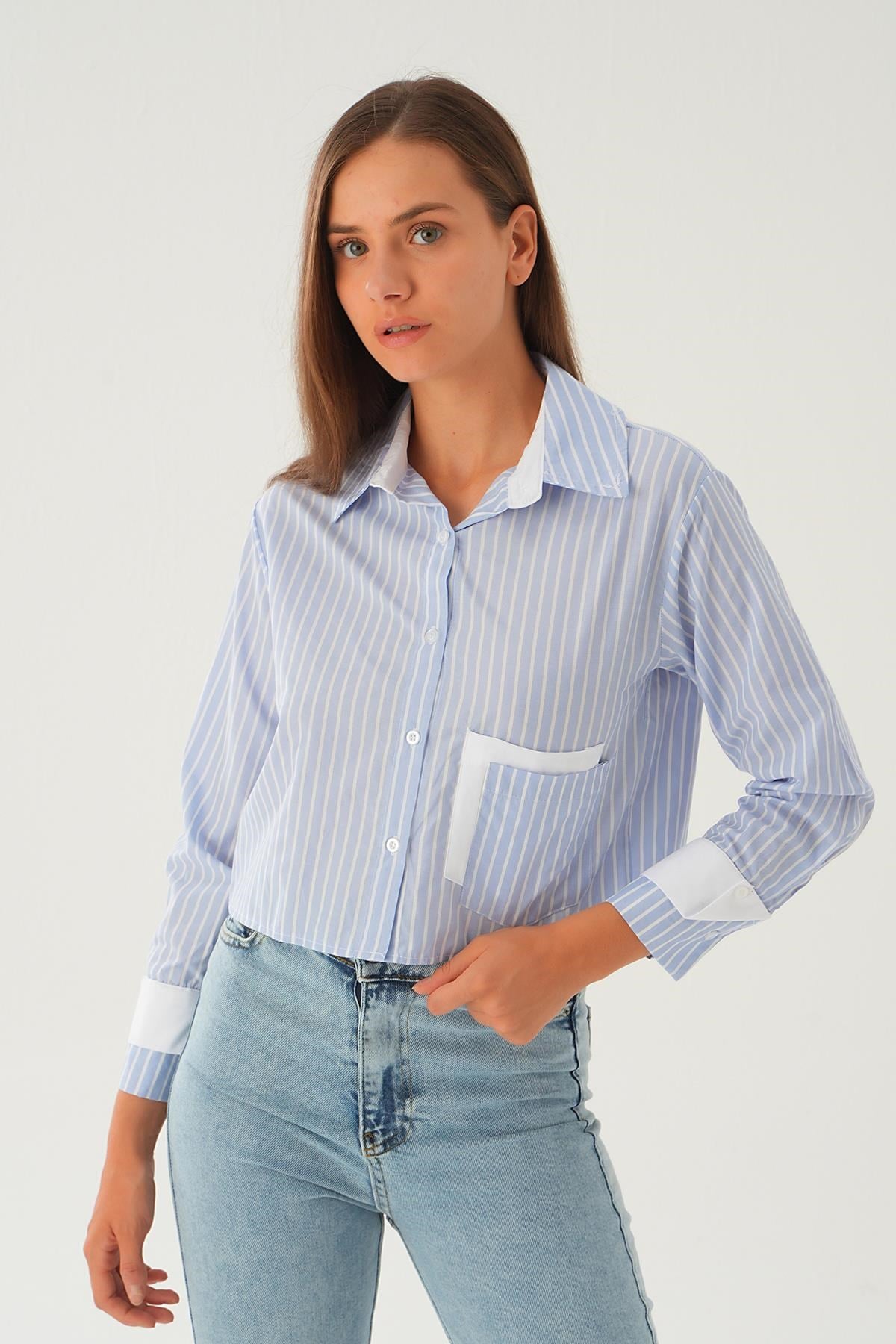 Saks Kol Manşet Detay Crop Gömlek 4183A