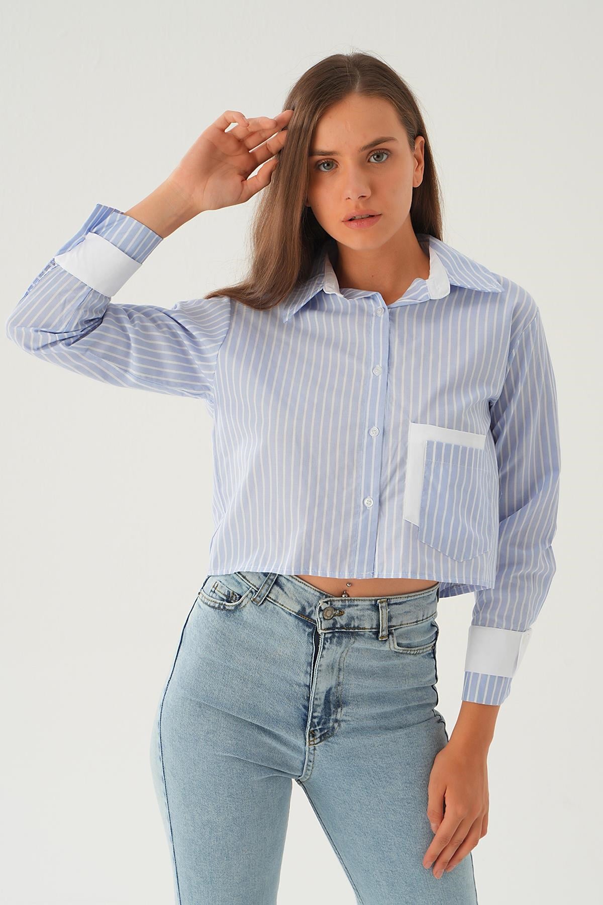 Saks Kol Manşet Detay Crop Gömlek 4183A