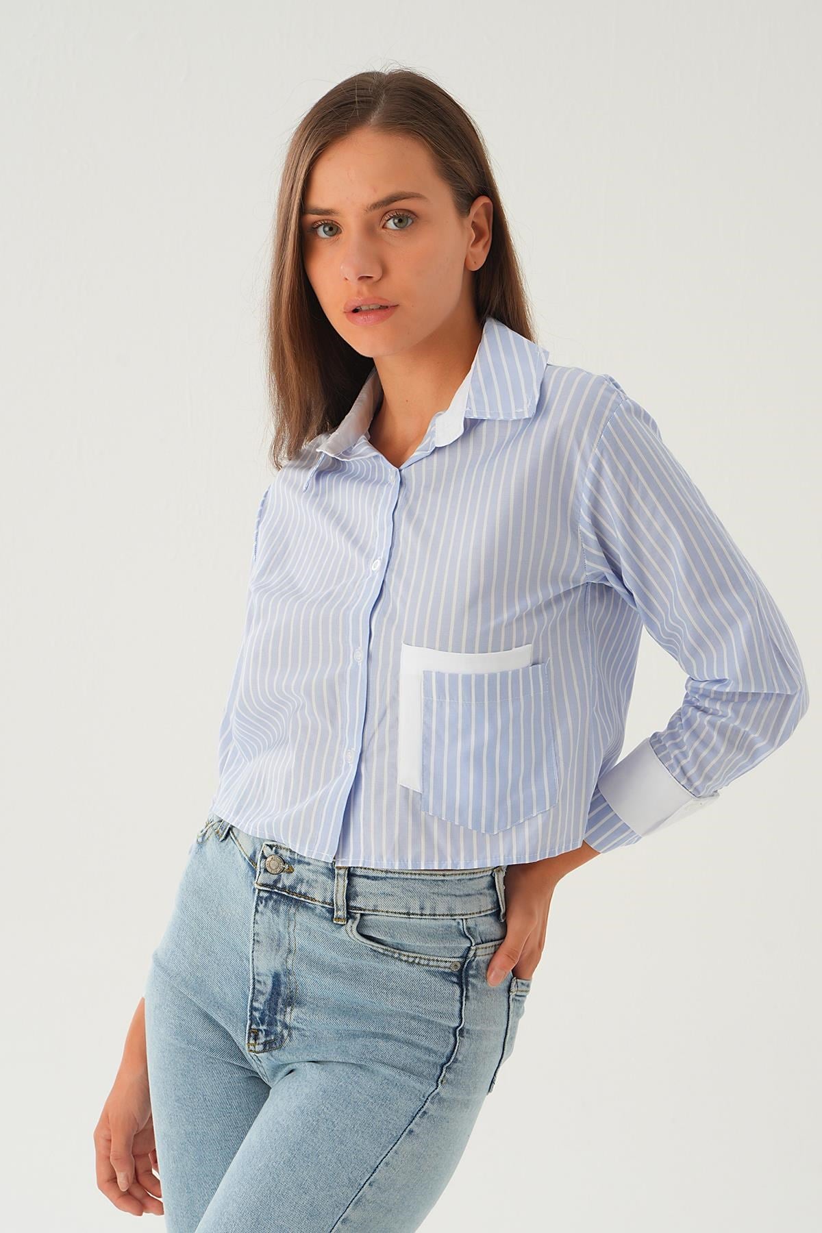 Saks Kol Manşet Detay Crop Gömlek 4183A