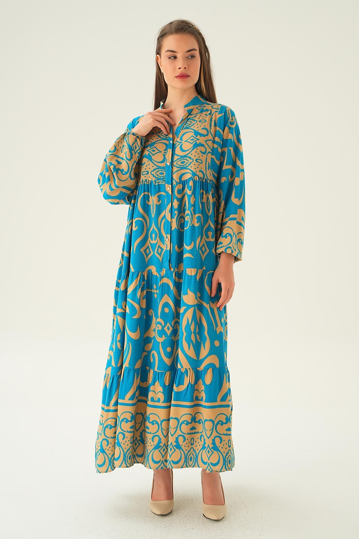 Saks Kruvaze Yaka Desenli Elbise 2643