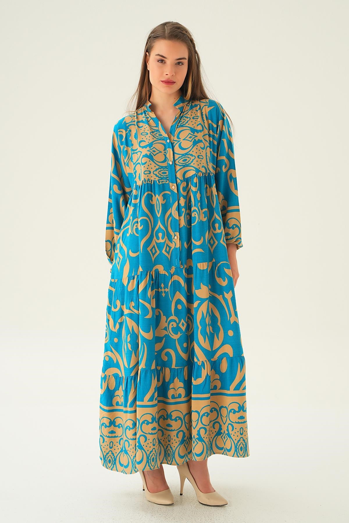 Saks Kruvaze Yaka Desenli Elbise 2643