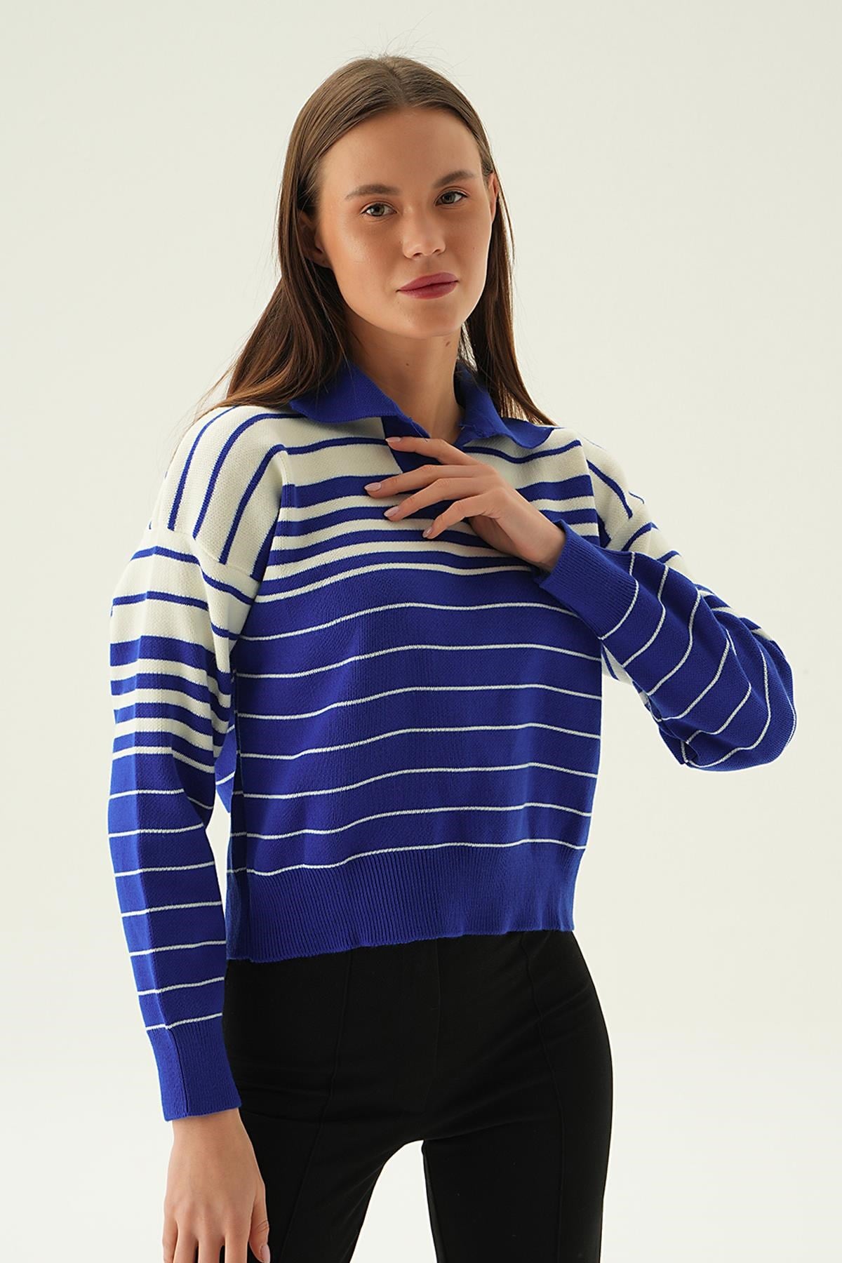 Saks Polo Yaka Çizgili Kazak 3020