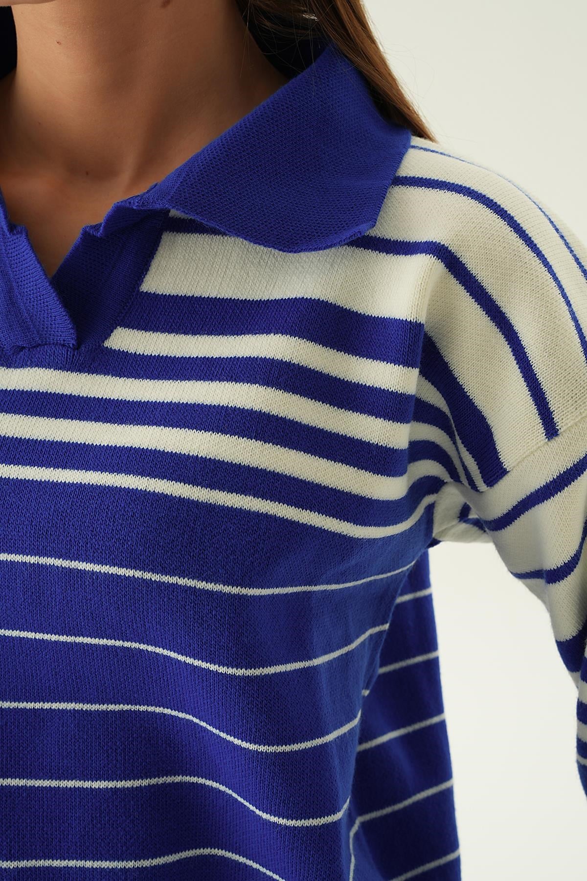 Saks Polo Yaka Çizgili Kazak 3020