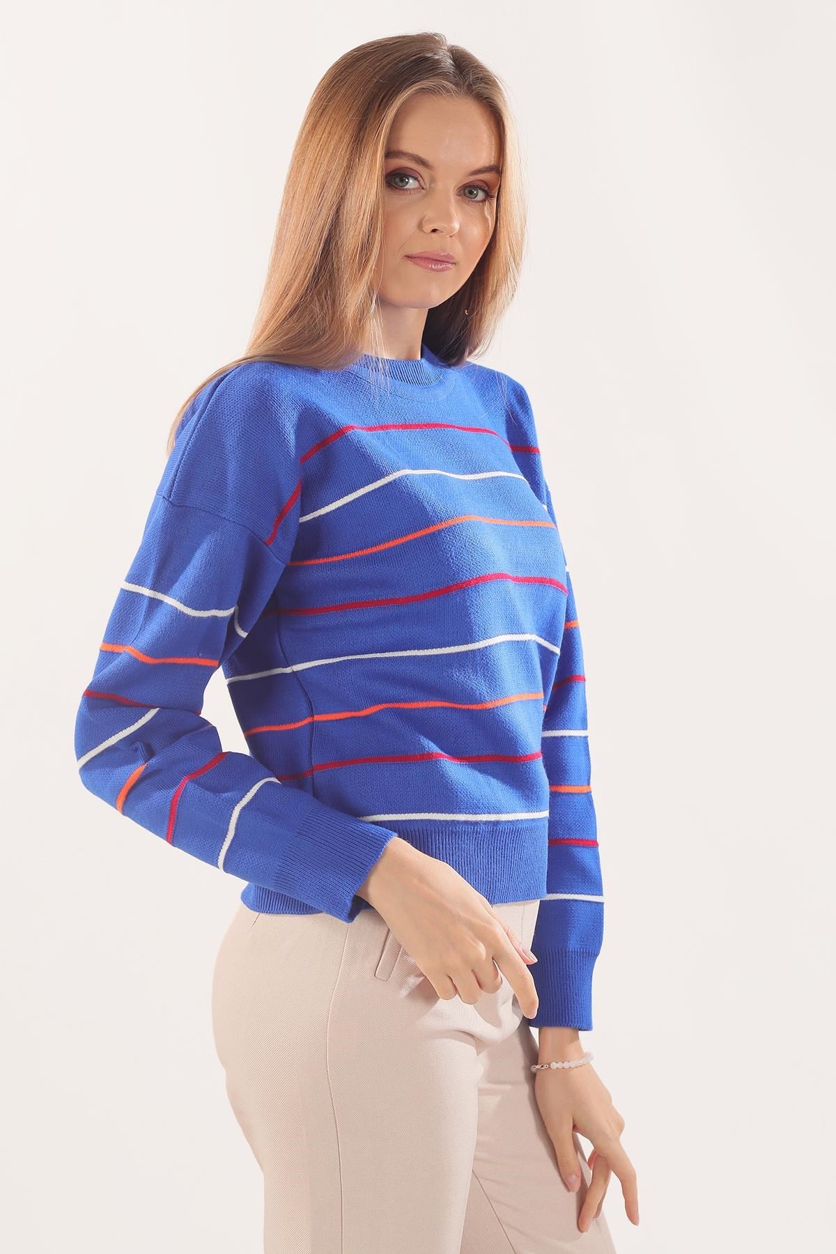 Saks Renkli Çizgili Kazak 3024