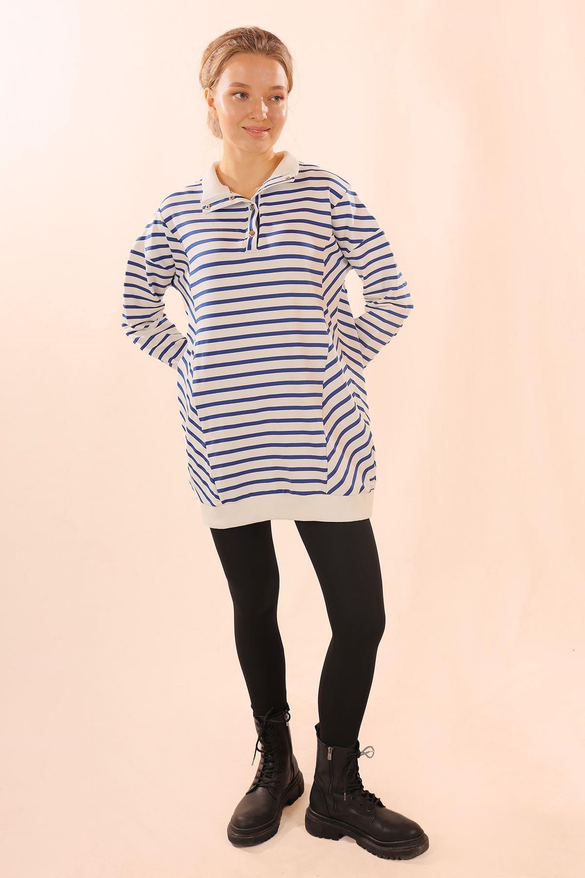 Saks Yaka Çıtçıtlı Çizgili Sweat 6868