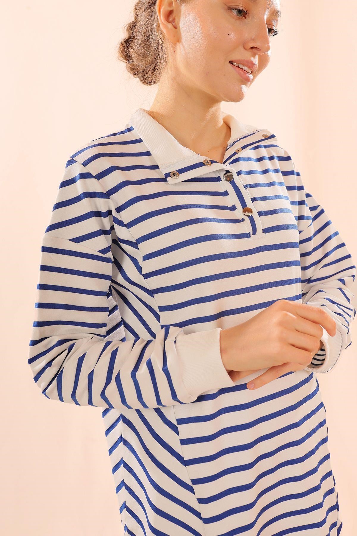 Saks Yaka Çıtçıtlı Çizgili Sweat 6868