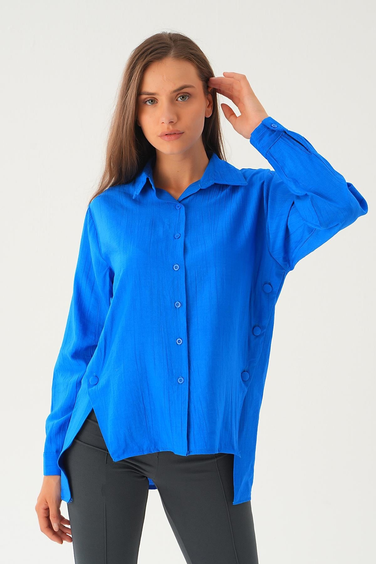 Saks Yan Çıtçıtlı Arka Uzun Gömlek 4014A