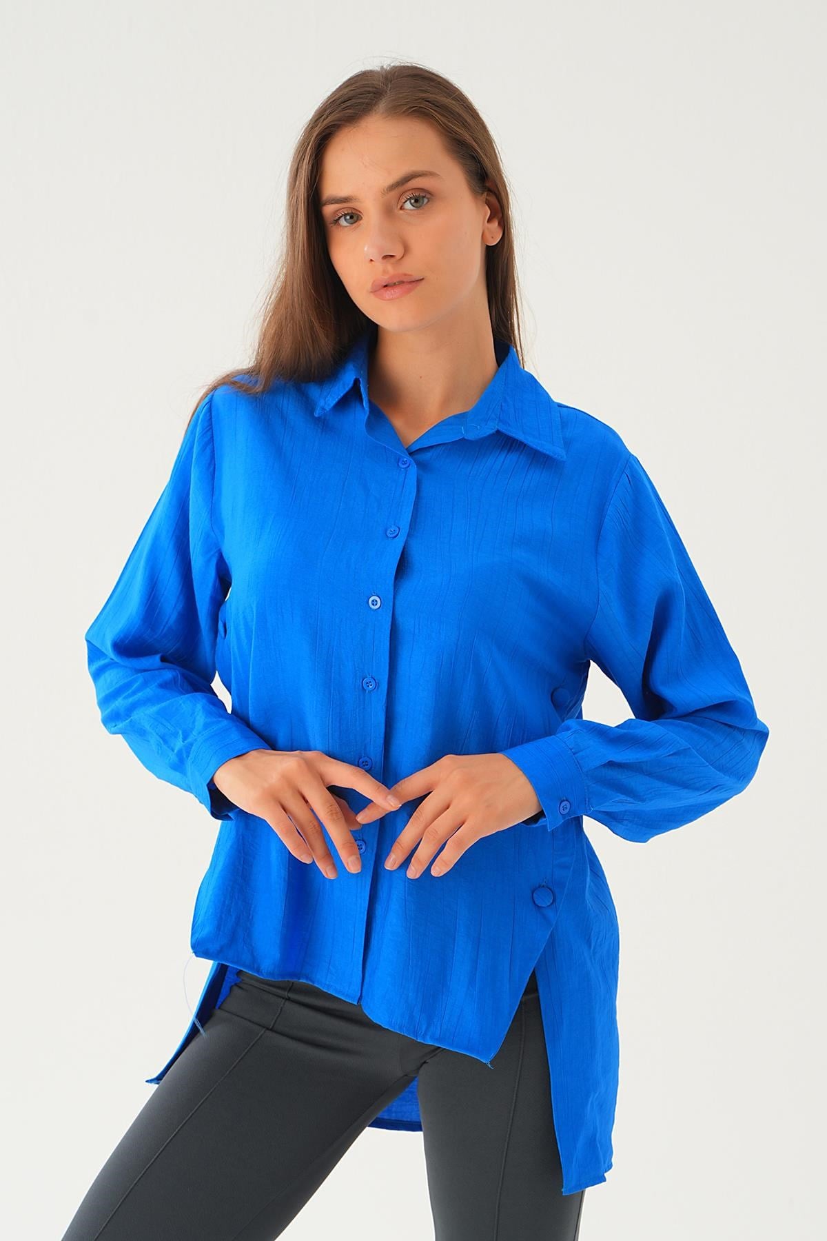 Saks Yan Çıtçıtlı Arka Uzun Gömlek 4014A