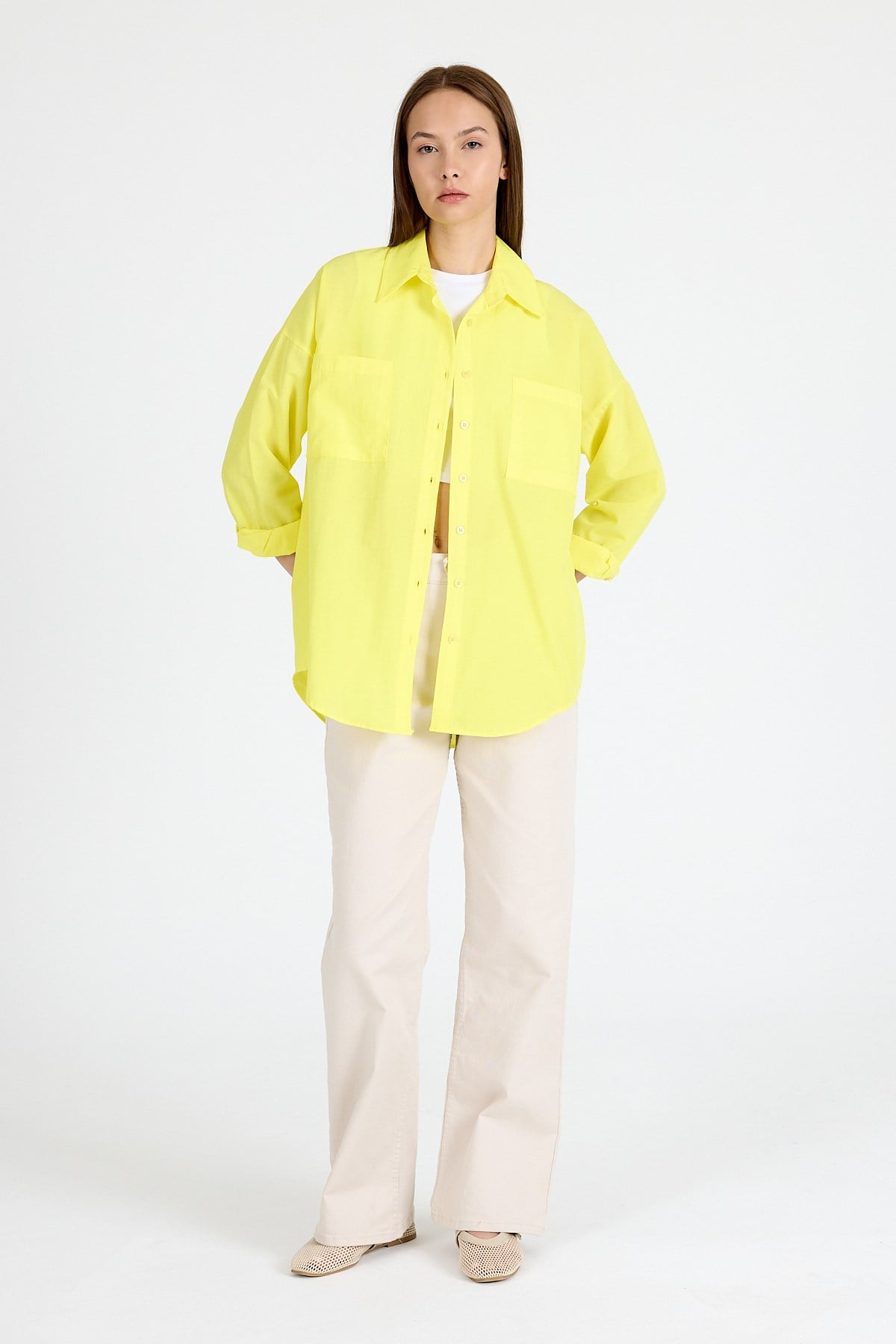 Sarı Çift Cepli Oversize Uzun Basic Gömlek TCR 6256A