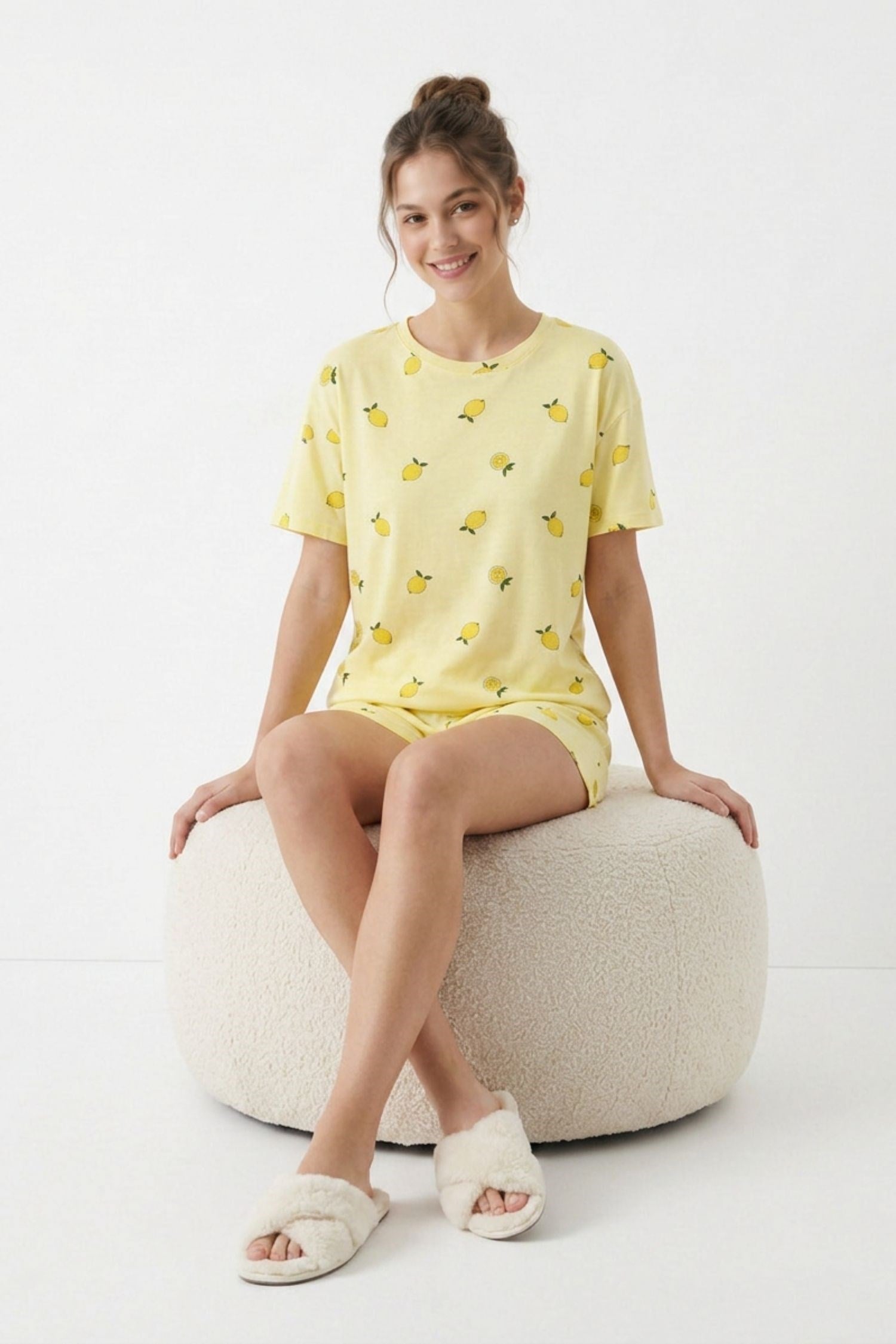 Sarı Limon Desen Pointel Pijama Takımı 5267