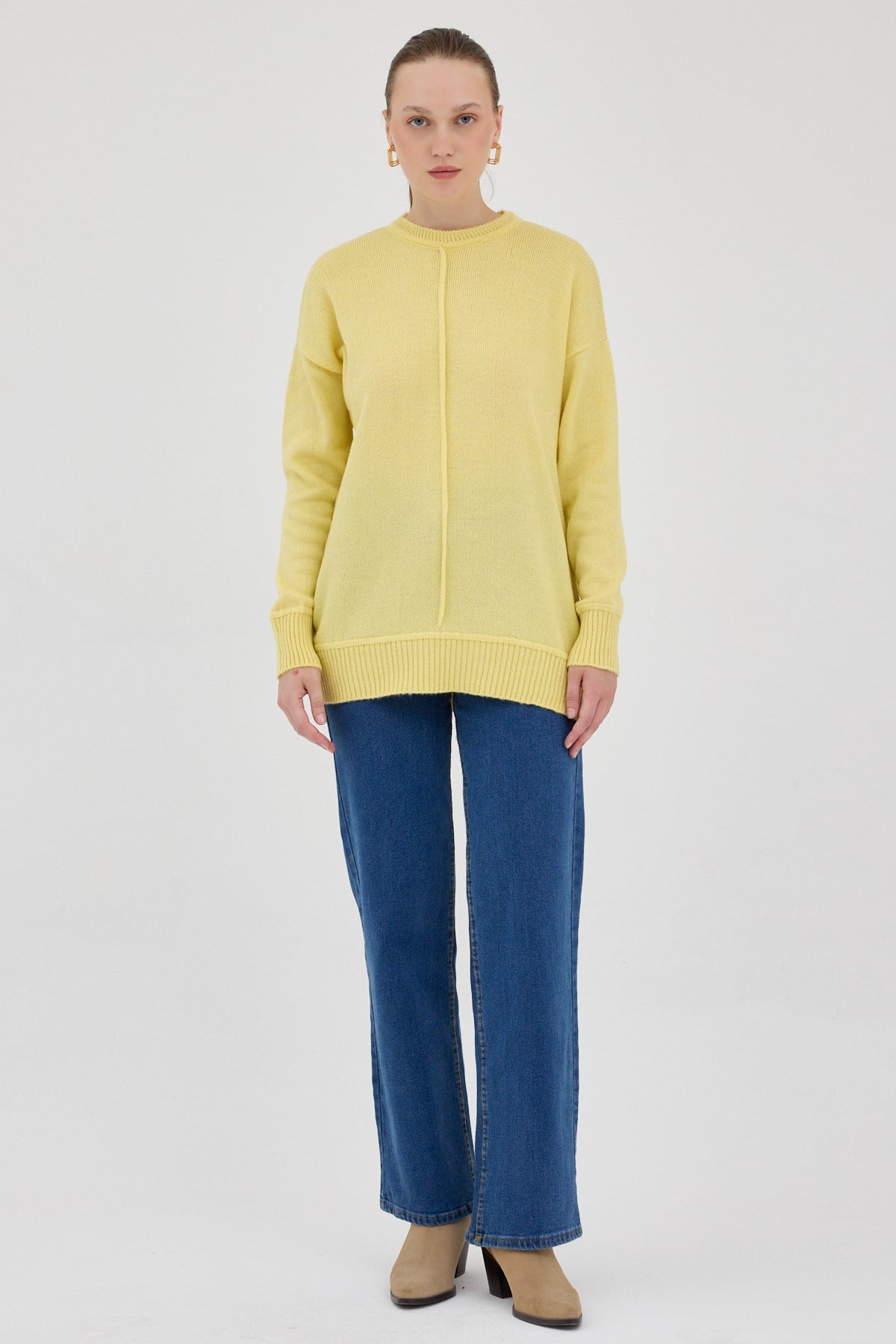 Sarı Oversize Bisiklet Yaka Kadın Kazak 2345
