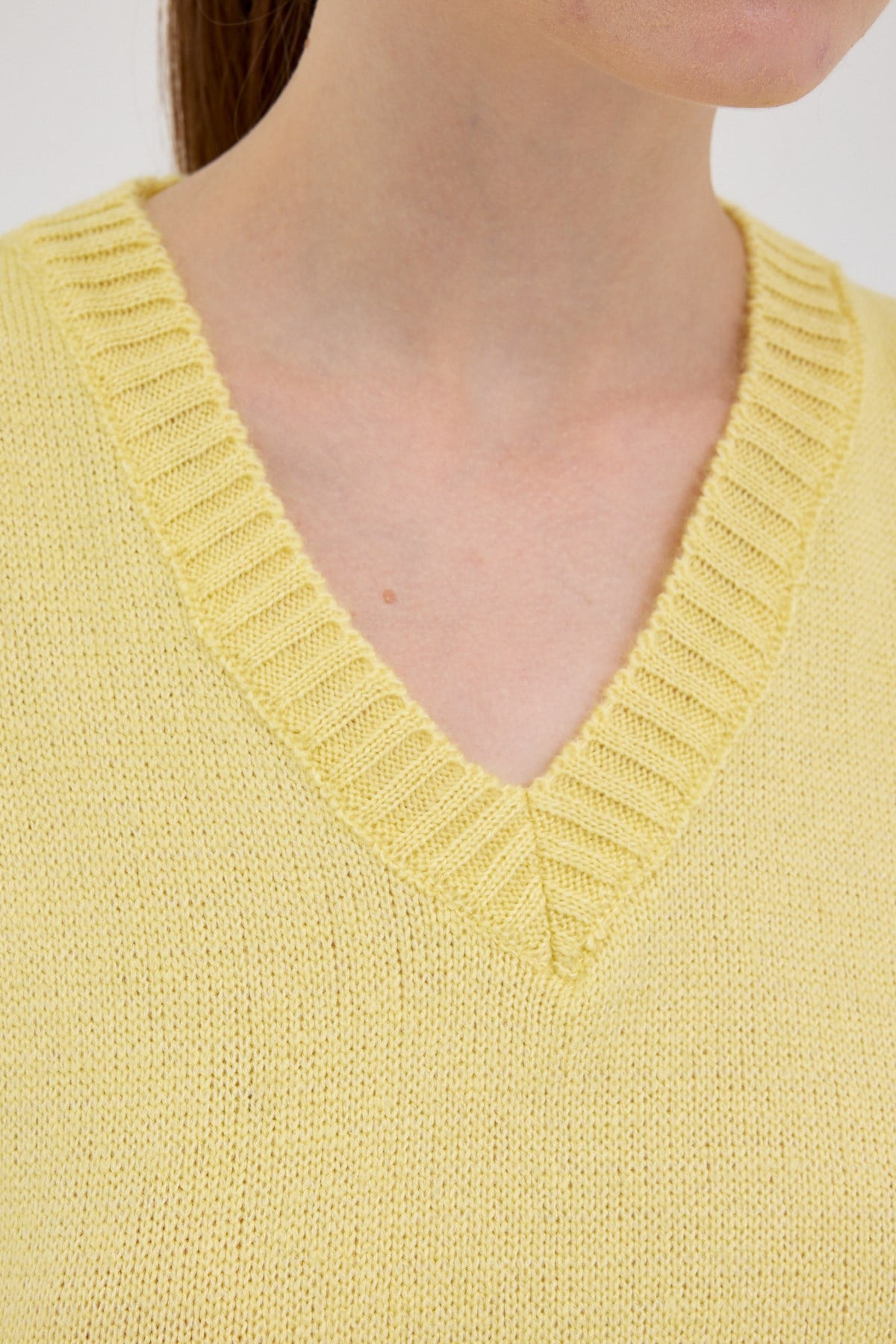 Sarı Oversize V Yaka Kadın Süveter 2292