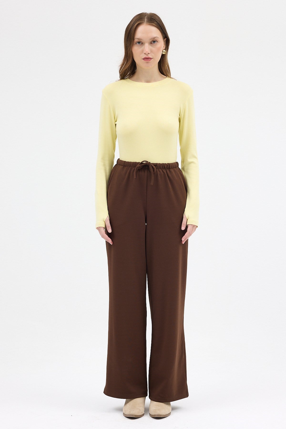 Sarı Premium/Viskoz Yumuşak Kumaşlı Parmak Geçmeli Crop Bluz 8162A