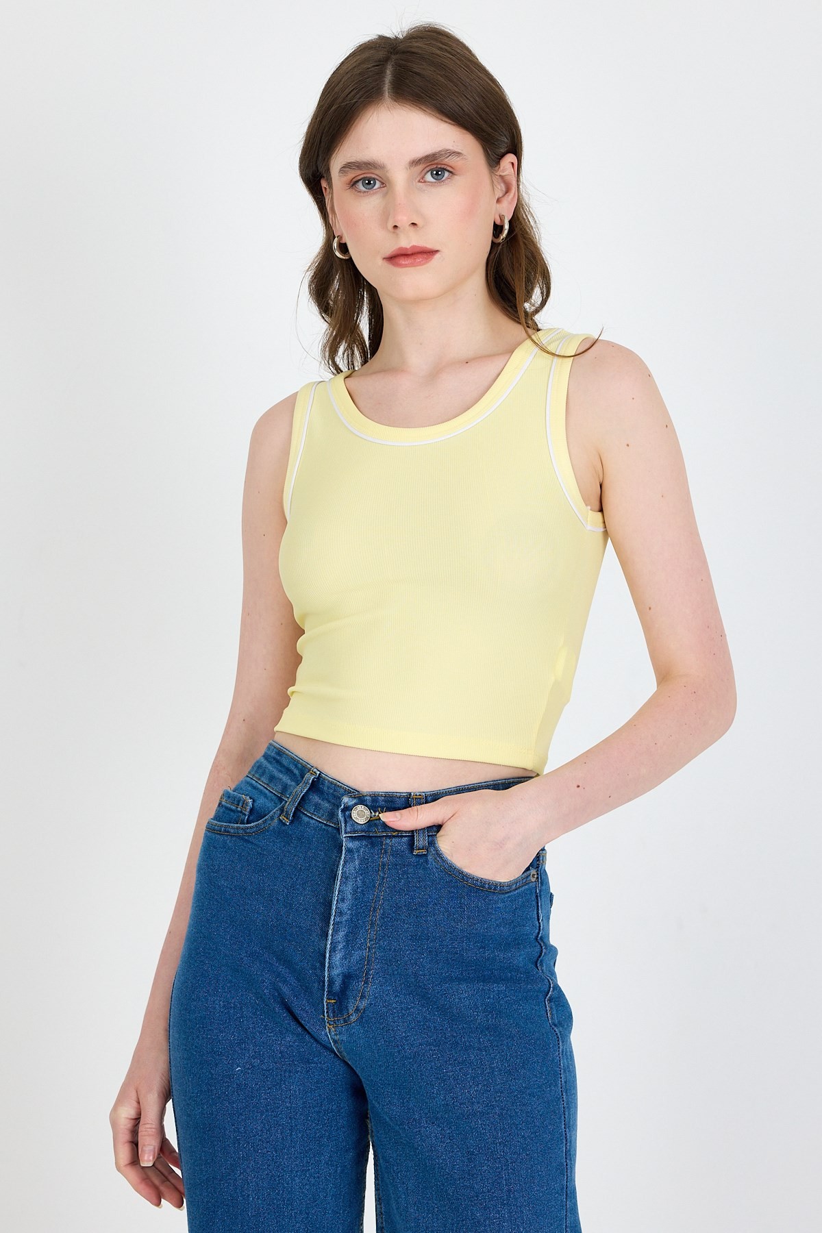 Sarı Şerit Detaylı Örme Crop Atlet 1049