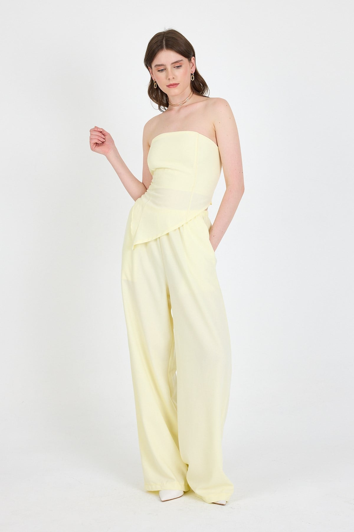 Sarı Straplez Asimetrik Bluz Pantolon Takım 5234