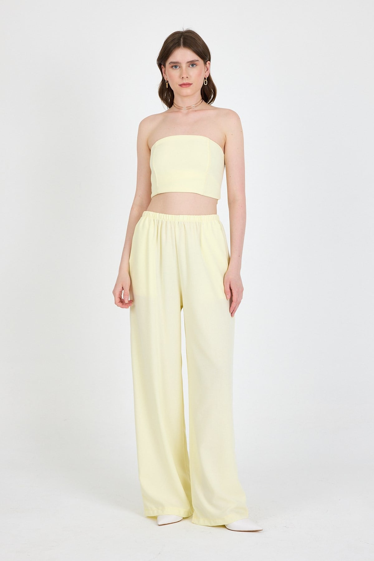Sarı Straplez Asimetrik Bluz Pantolon Takım 5234