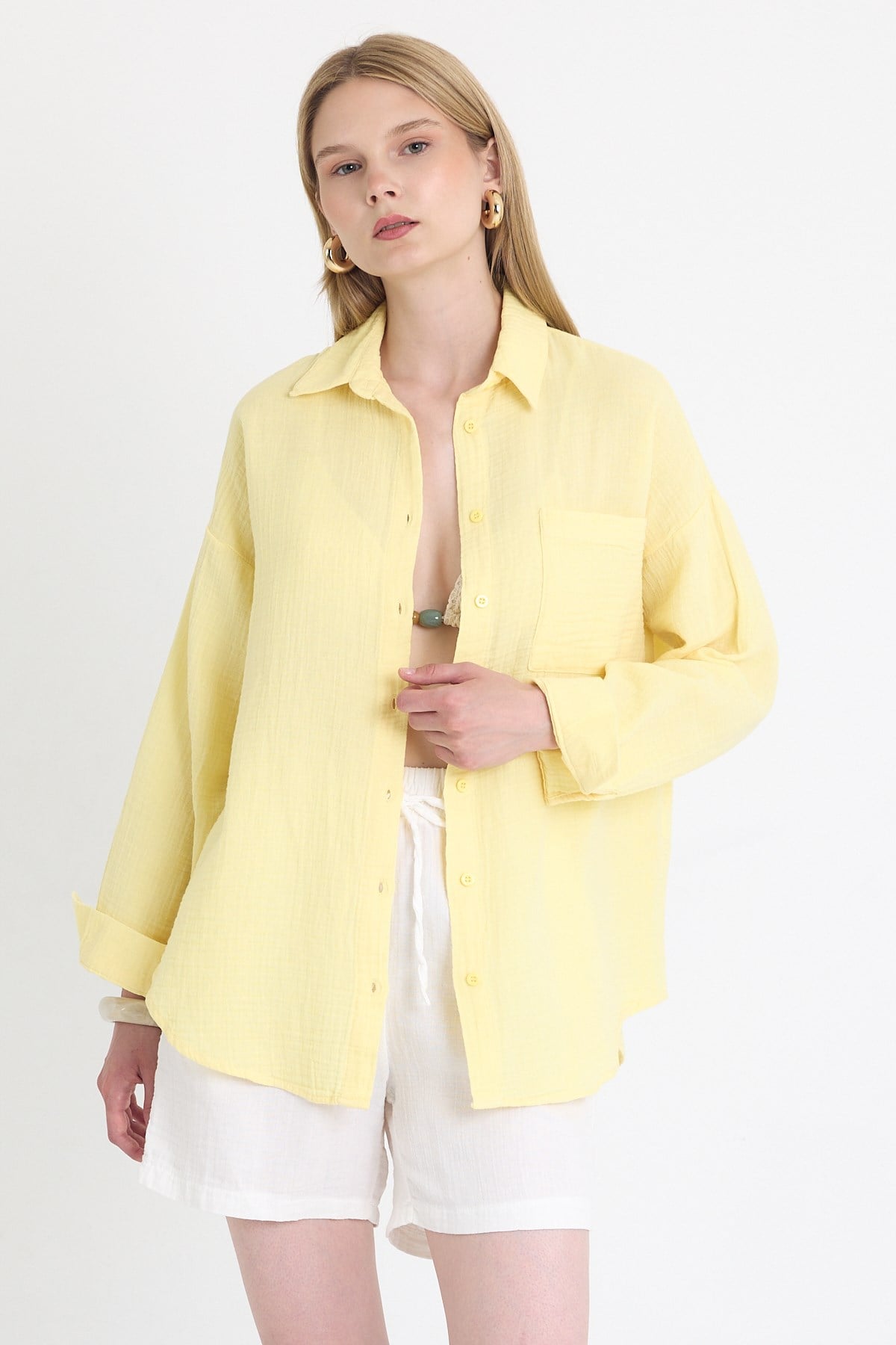 Sarı Tek Cepli %100 Pamuk Oversize Müslin Gömlek 4697A
