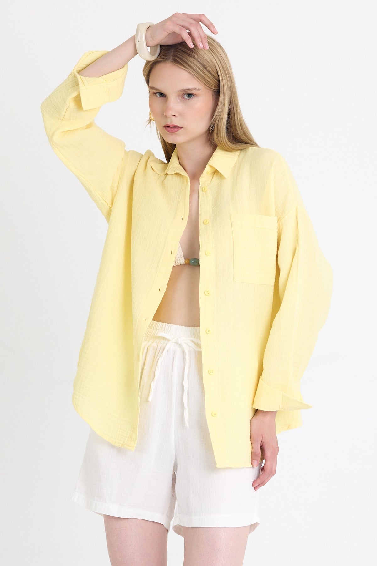 Sarı Tek Cepli %100 Pamuk Oversize Müslin Gömlek 4697A