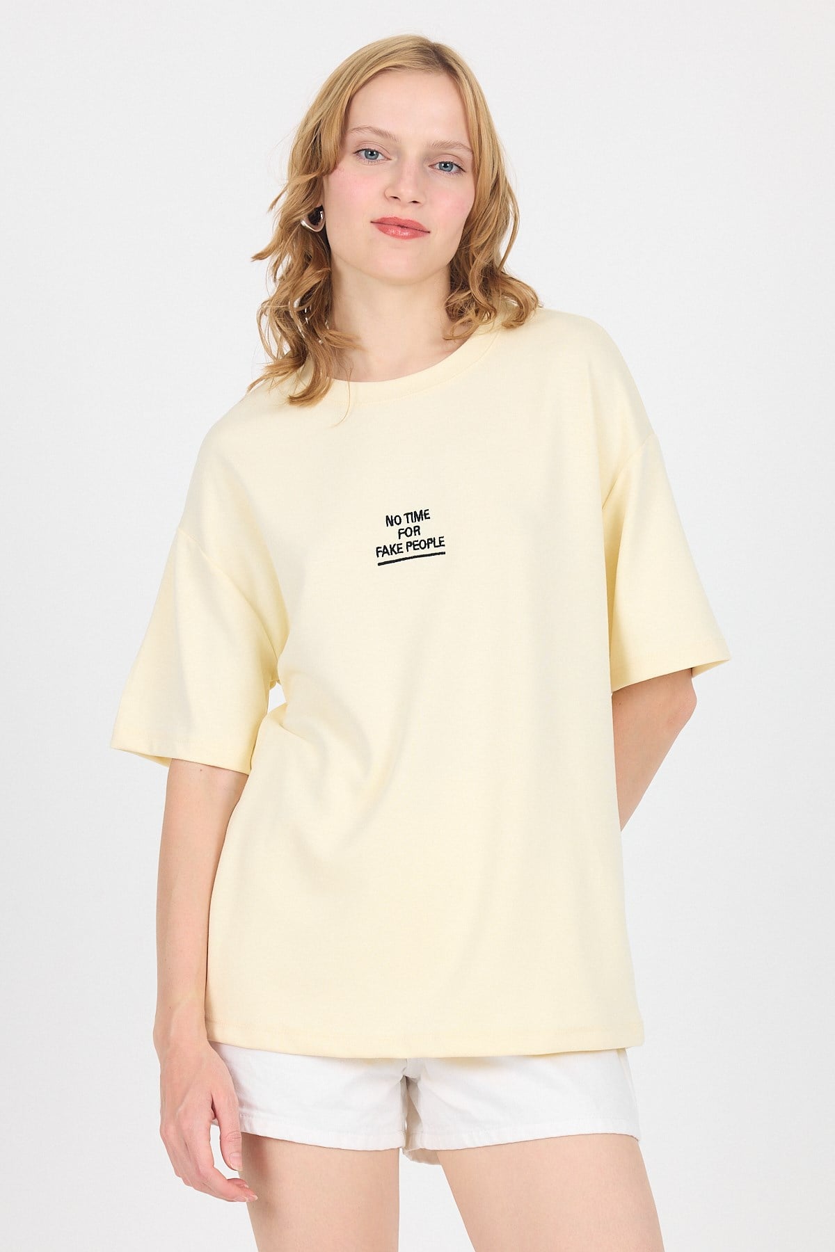 Sarı Yumuşak Dokulu Yazı Baskılı Oversize Tişört 6265