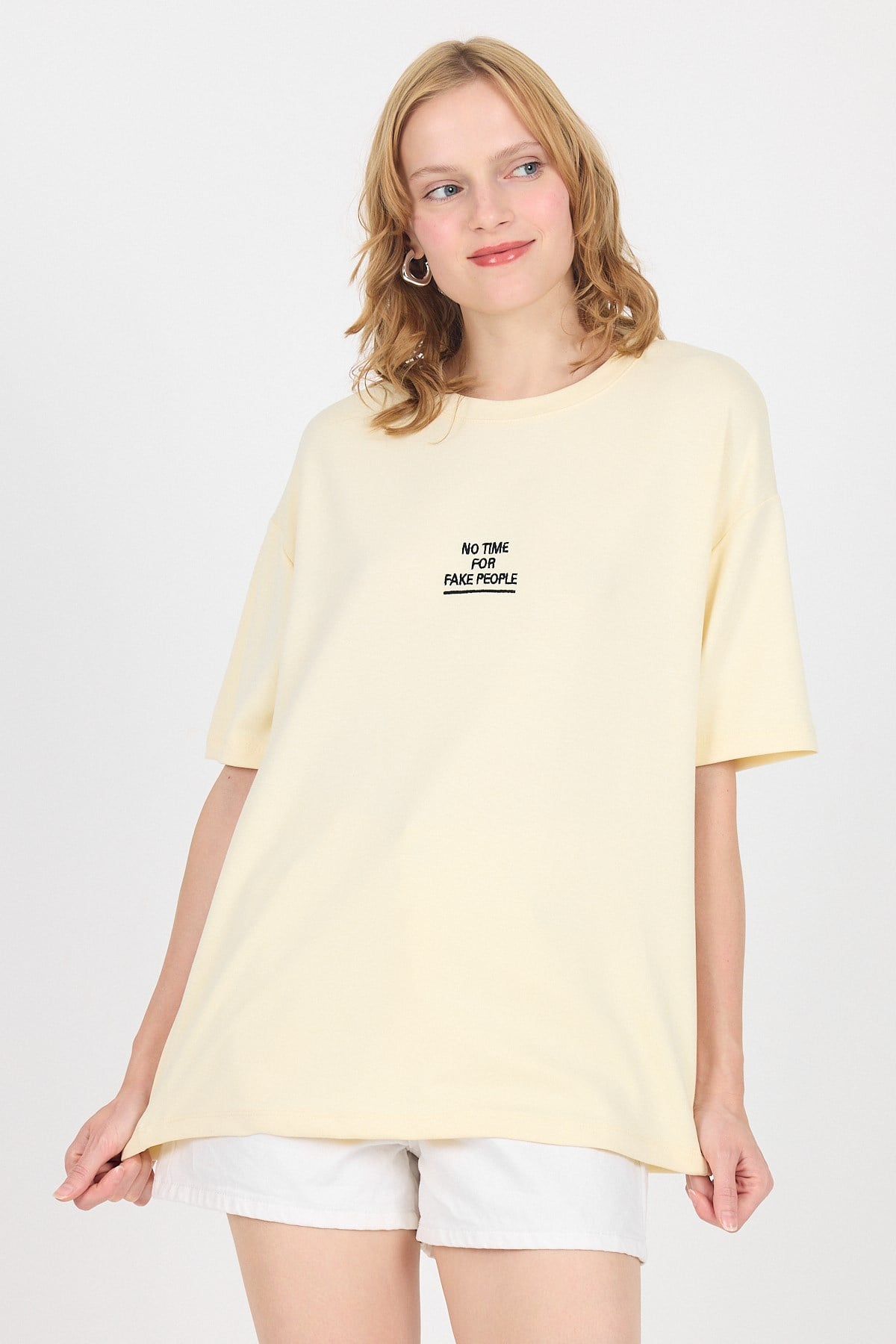 Sarı Yumuşak Dokulu Yazı Baskılı Oversize Tişört 6265