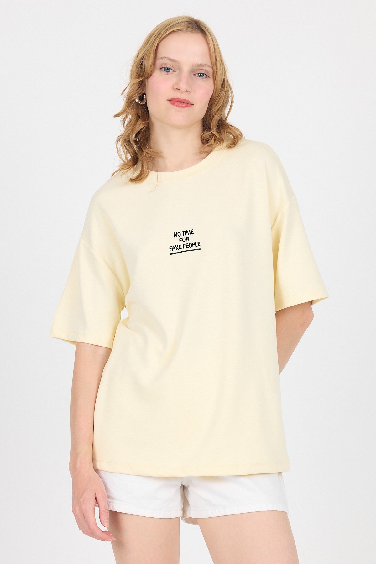 Sarı Yumuşak Dokulu Yazı Baskılı Oversize Tişört 6265