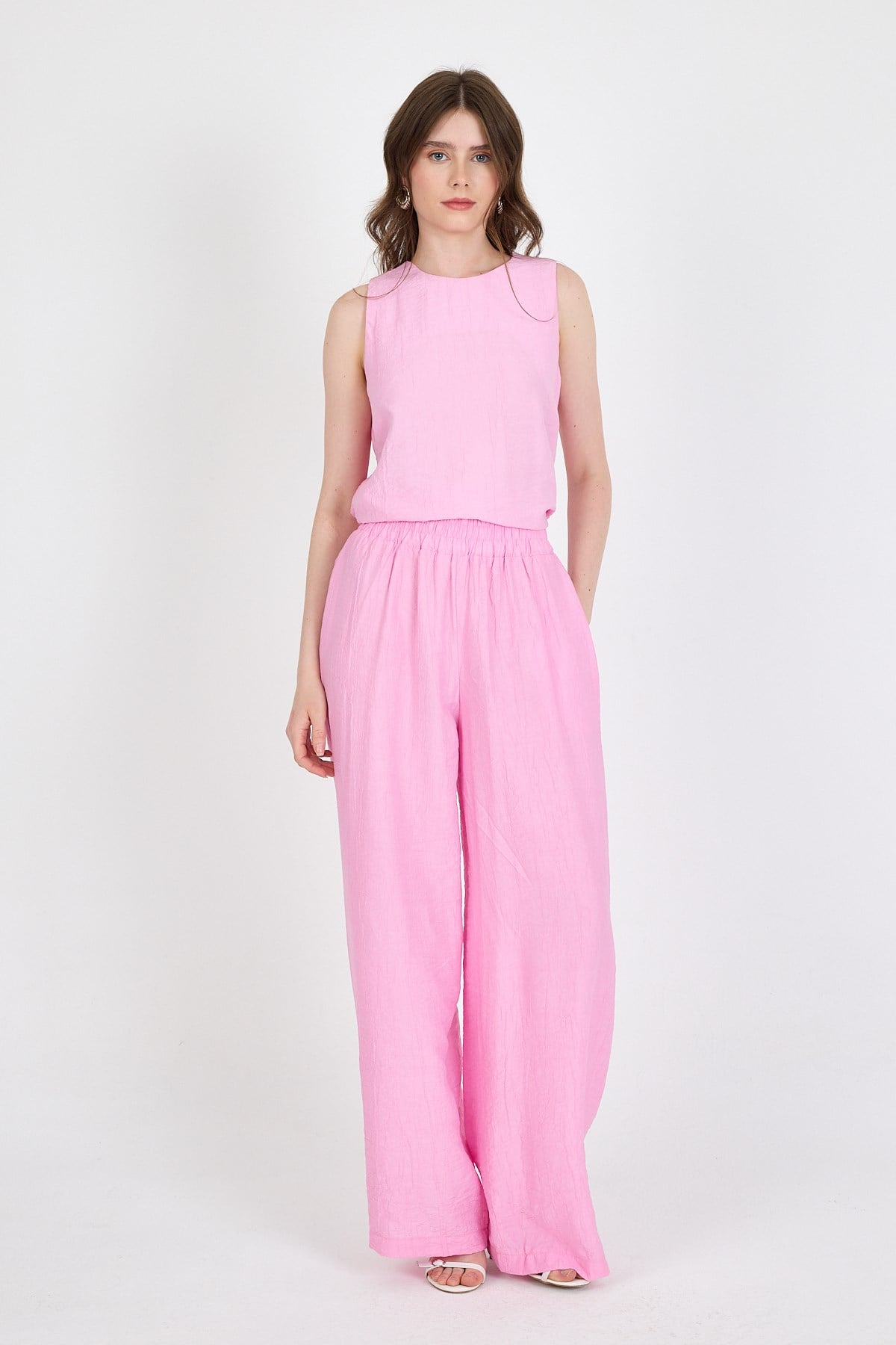Şeker Pembe  Asimetrik Kesim Bluz Pantolon İkili Takım 5219