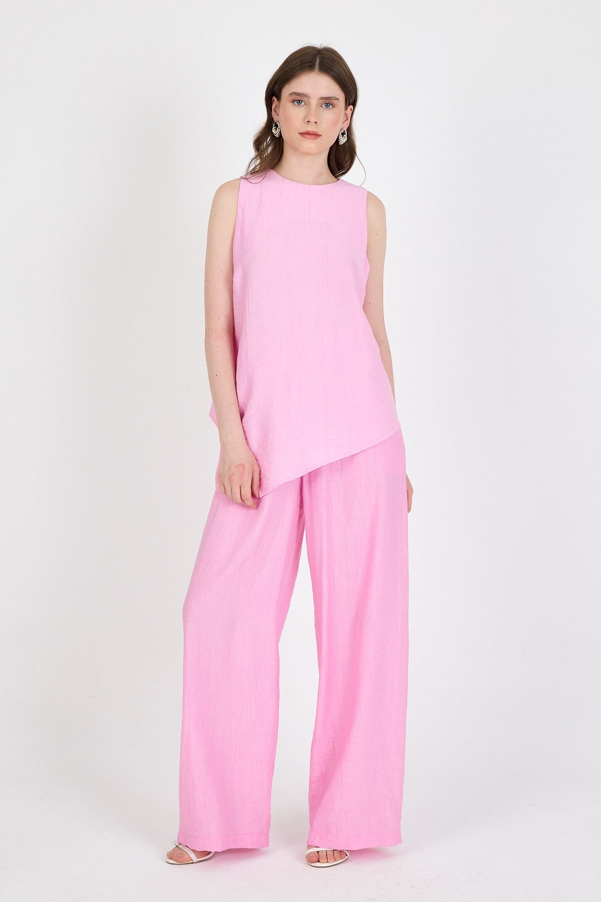 Şeker Pembe  Asimetrik Kesim Bluz Pantolon İkili Takım 5219
