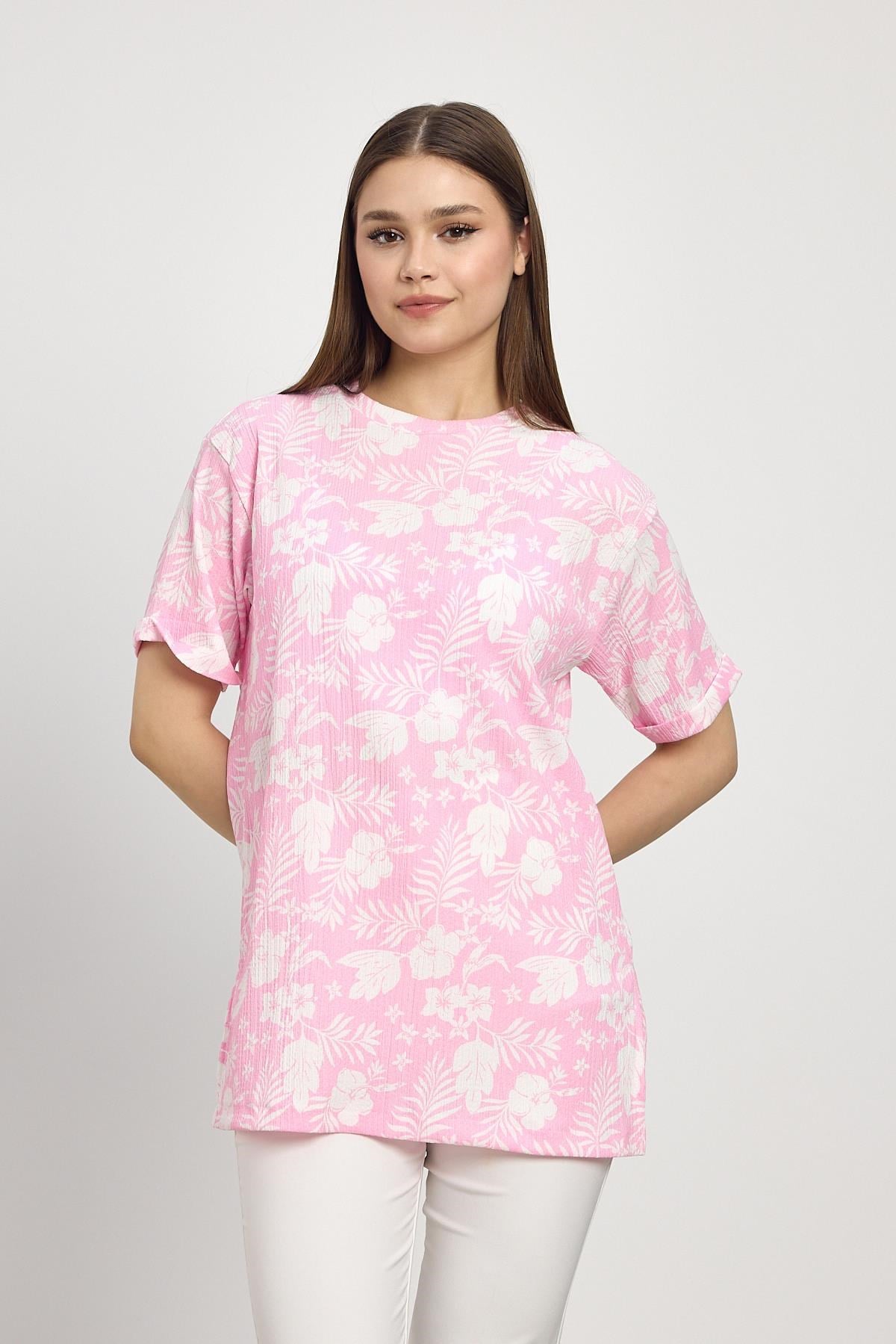 Şeker Pembe Çiçek Desen Tişört 4357A