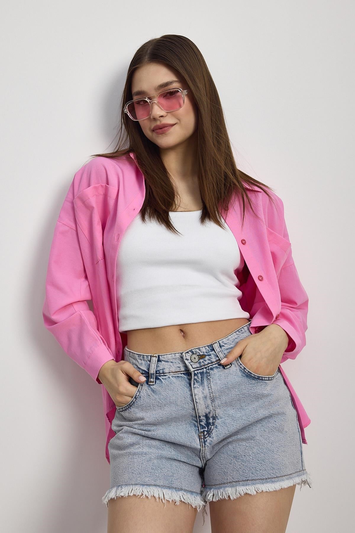 Şeker Pembe Çift Cepli Oversize Uzun Basic Gömlek TCR 6256A