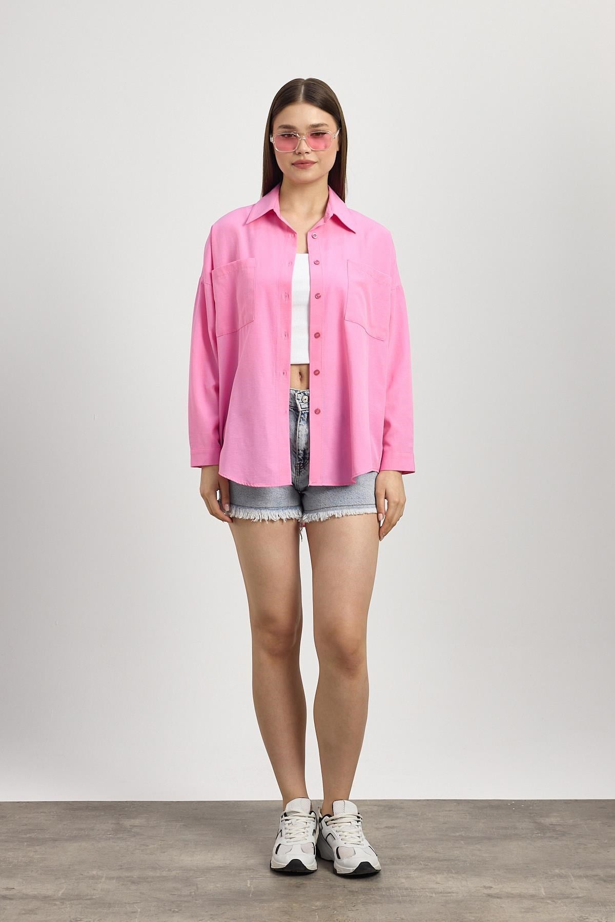 Şeker Pembe Çift Cepli Oversize Uzun Basic Gömlek TCR 6256A