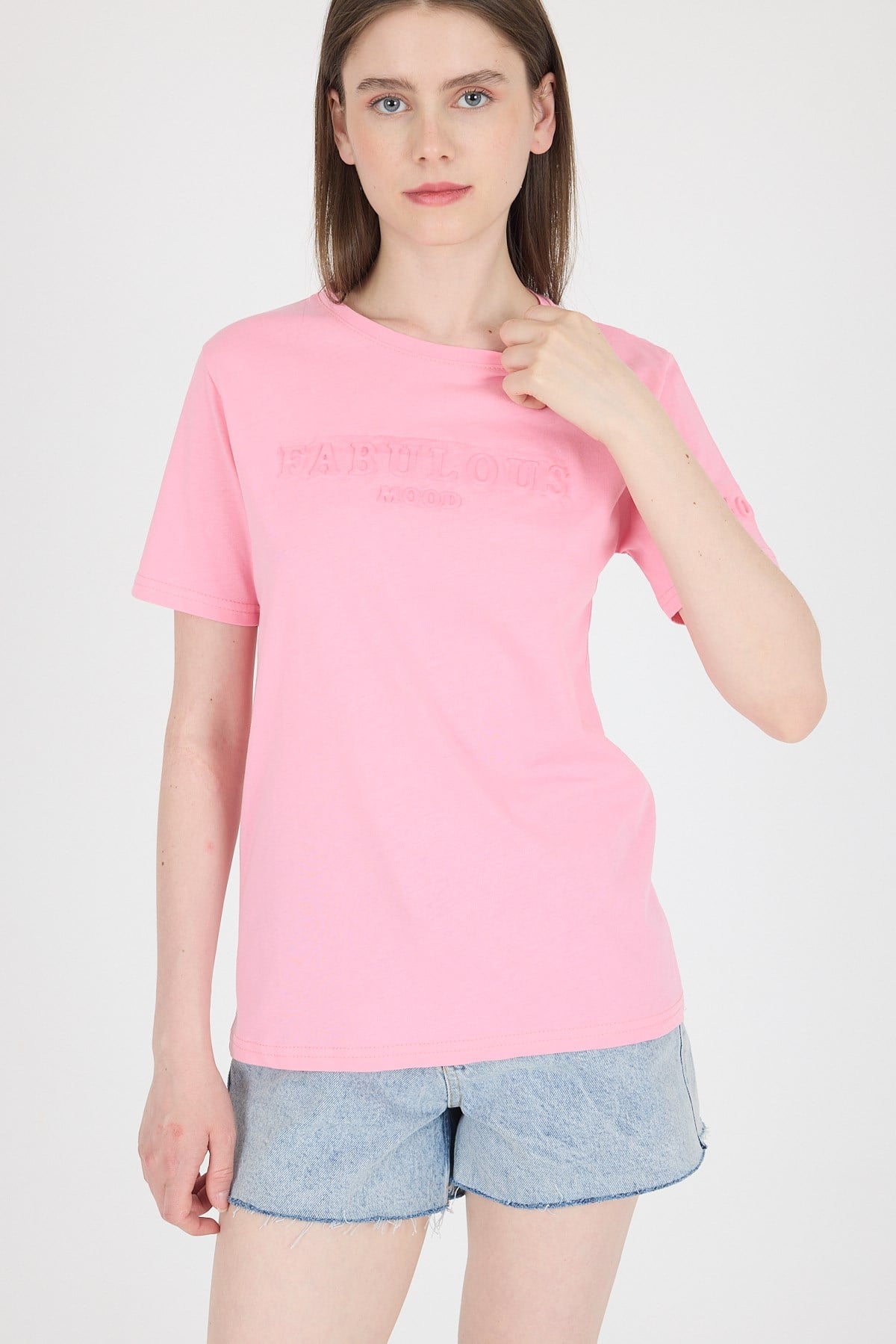 Şeker Pembe Kabartma Yazılı Relaxed Fit Tişört 25209